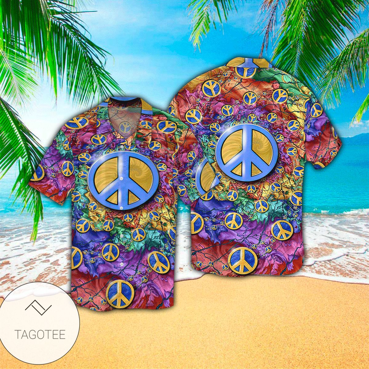 Peace Love Hippie Hawaiian Graphic Print Short Sleeve Hawaiian Shirt