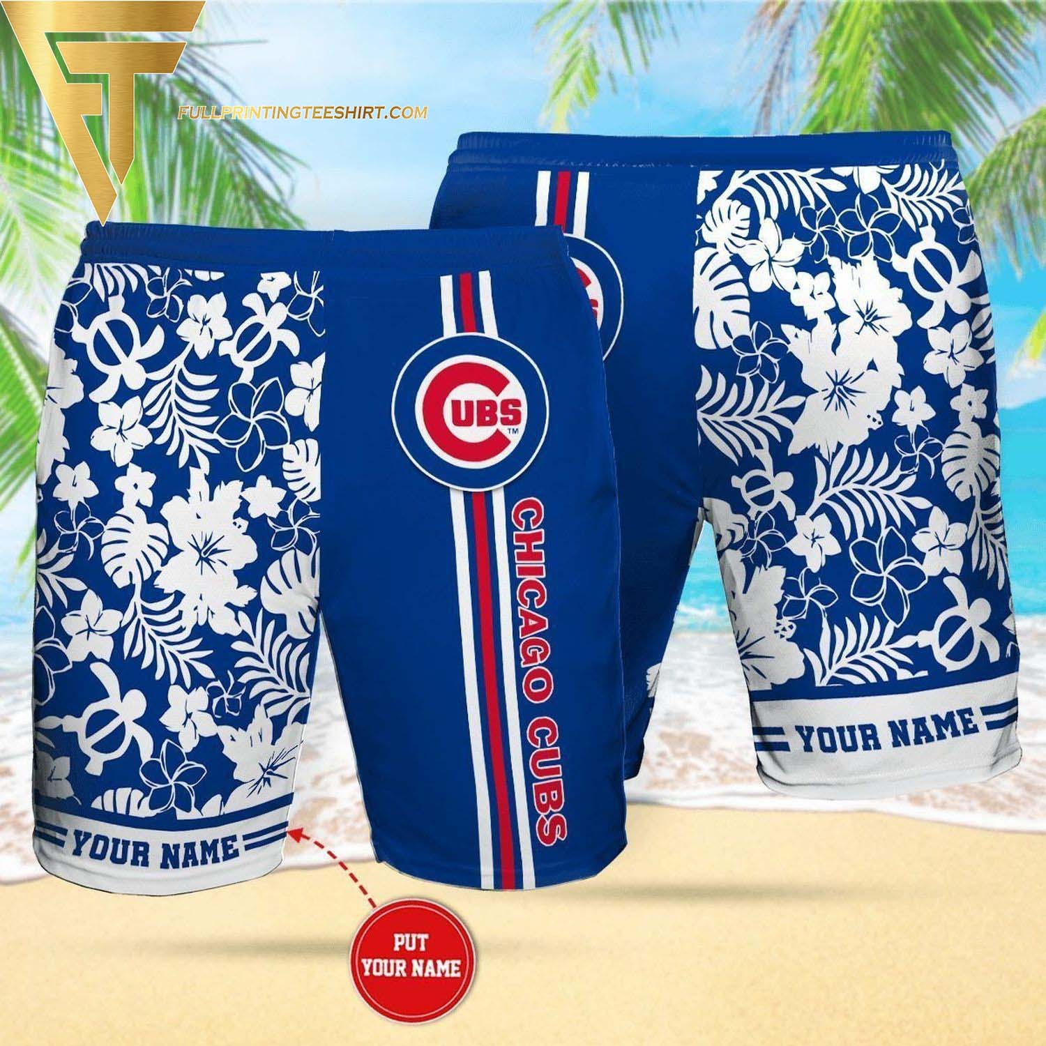 Personalized Chicago Cubs All Over Print Summer Floral Aloha Summer Hawaiian Beach Shorts Version Cobalt