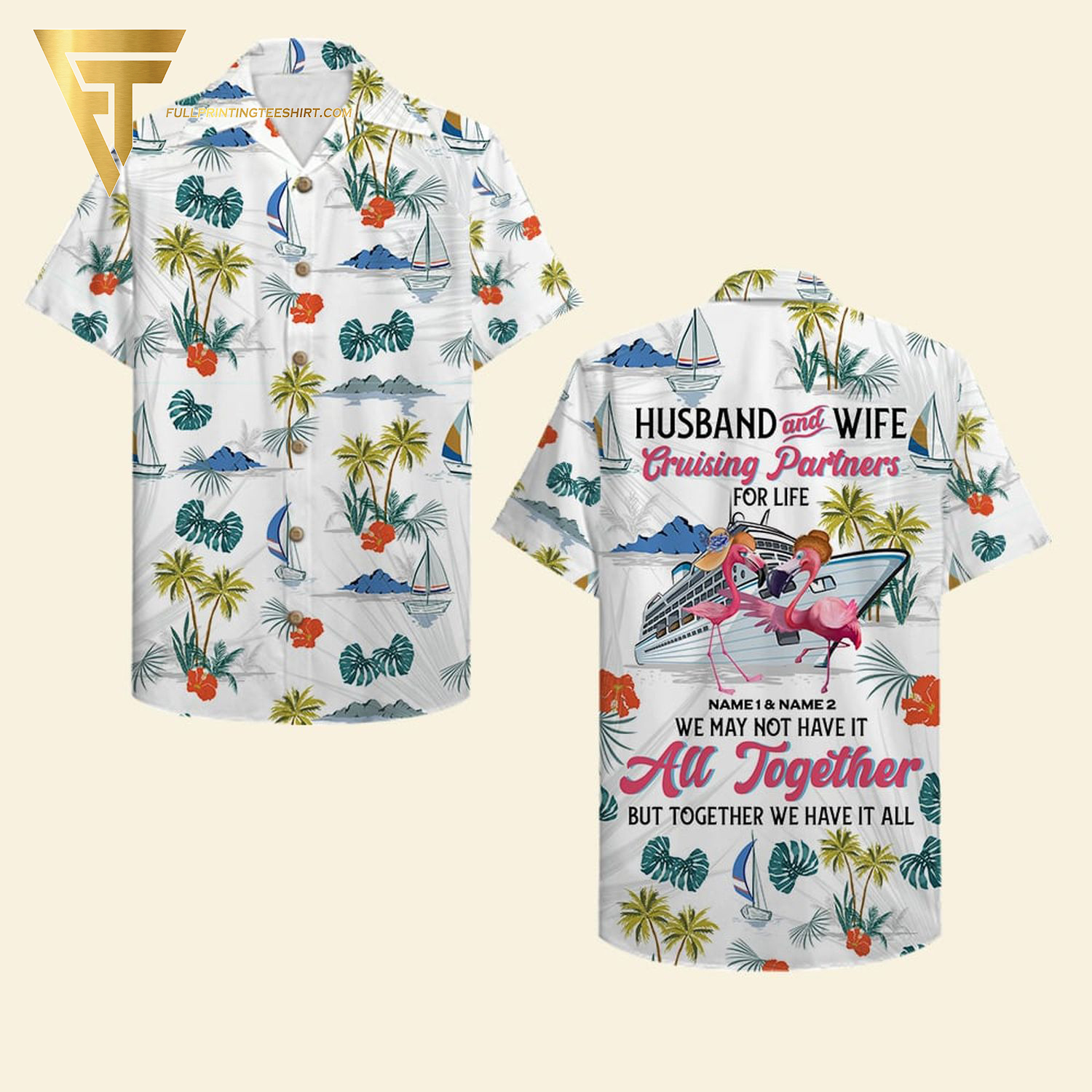 Personalized Cruising Partners Flamingo Husband And Wife Full Printing Hawaiian Shirt