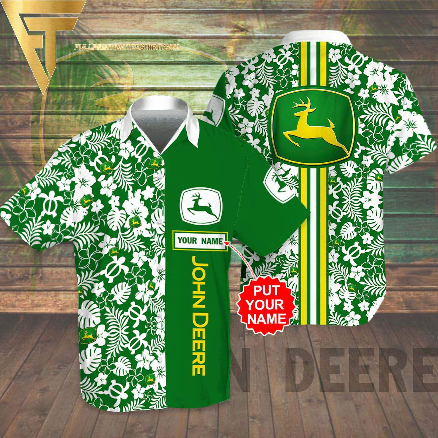 Personalized John Deere All Over Print Summer Floral Aloha Summer Beach Hawaiian Shirt And Beach Shorts Version Green