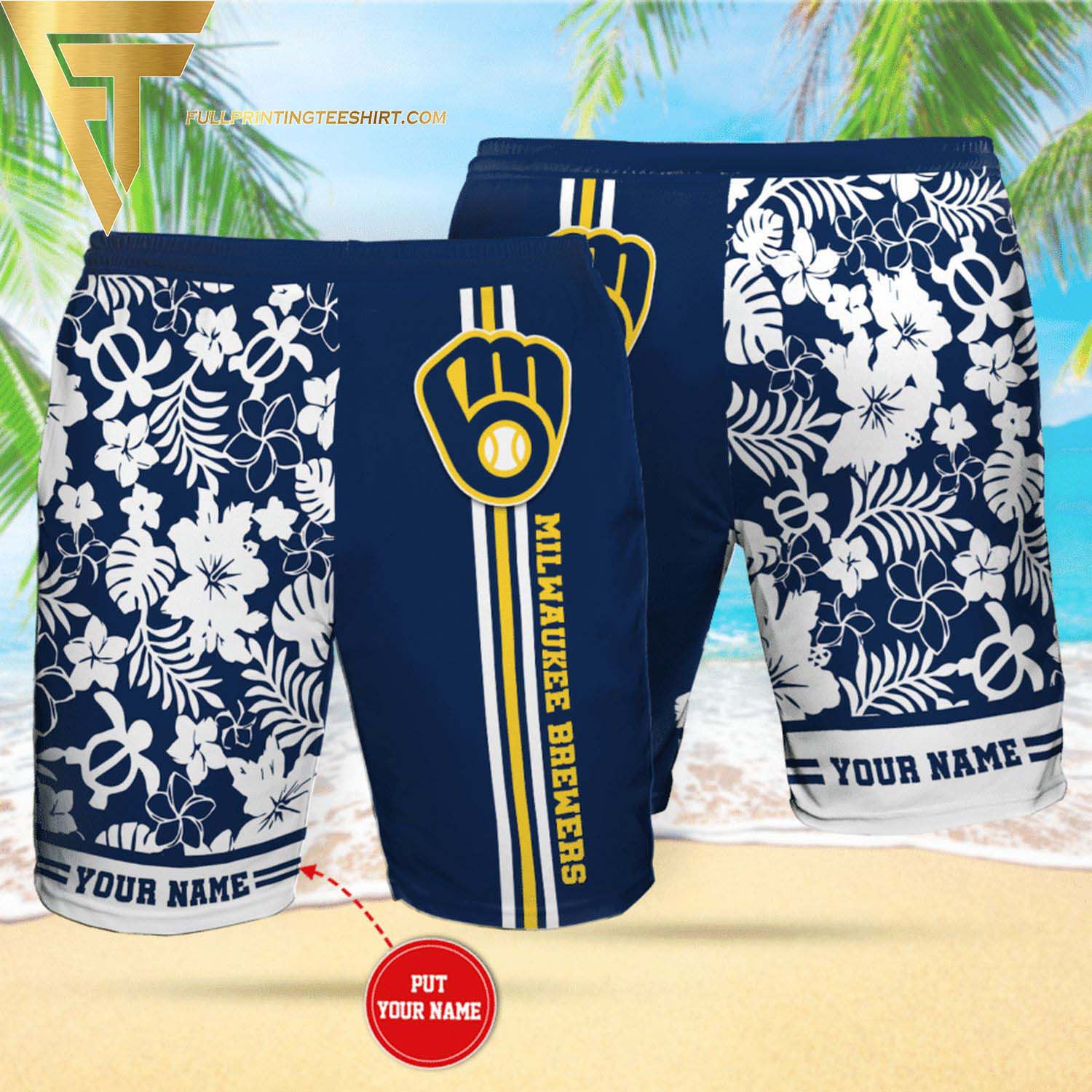 Personalized Milwaukee Brewers All Over Print Summer Floral Aloha Summer Hawaiian Beach Shorts Version Neon Blue