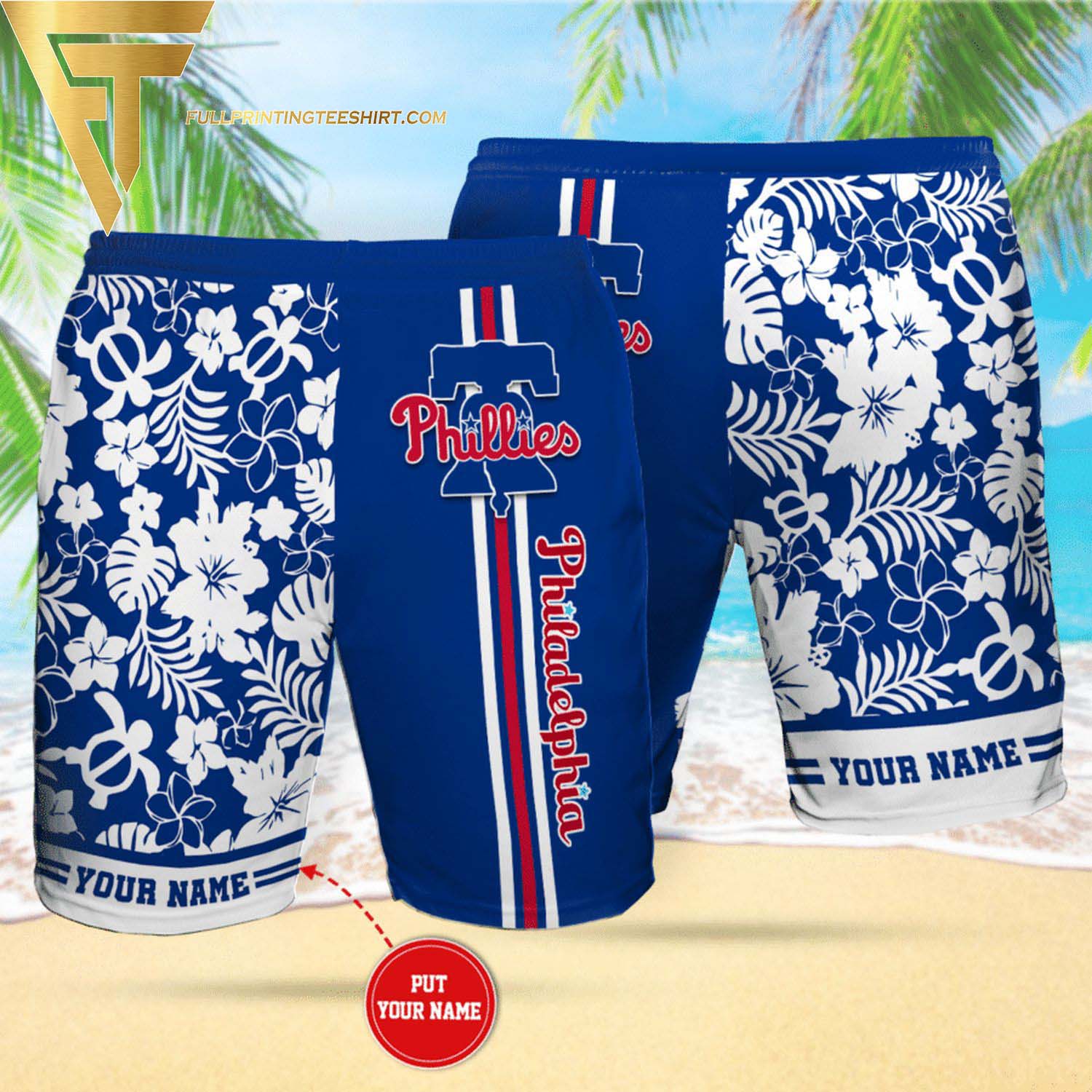 Personalized Philadelphia Phillies All Over Print Summer Floral Aloha Summer Hawaiian Beach Shorts Version Cobalt