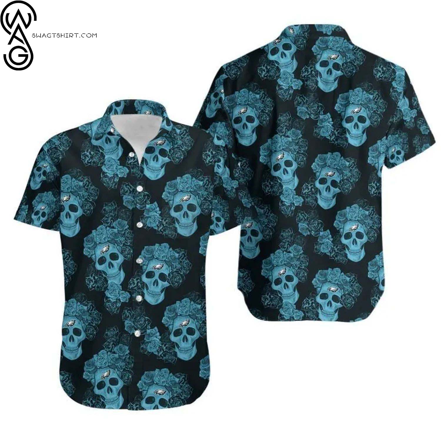 Philadelphia Eagles Skull And Hibiscus Flower Summer Aloha Hawaiian Shirt