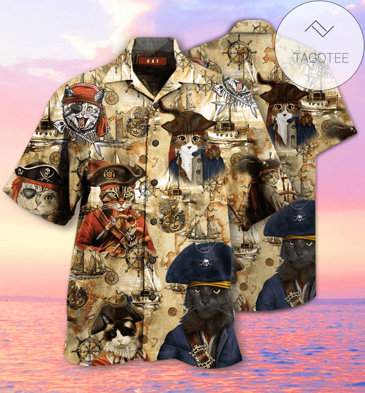 Pirate Cat Hawaiian Graphic Print Short Sleeve Hawaiian Shirt