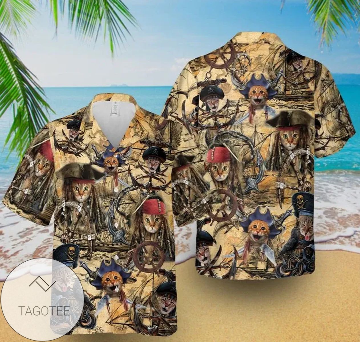 Pirate Cats Print Short Sleeve Hawaiian Casual Shirt