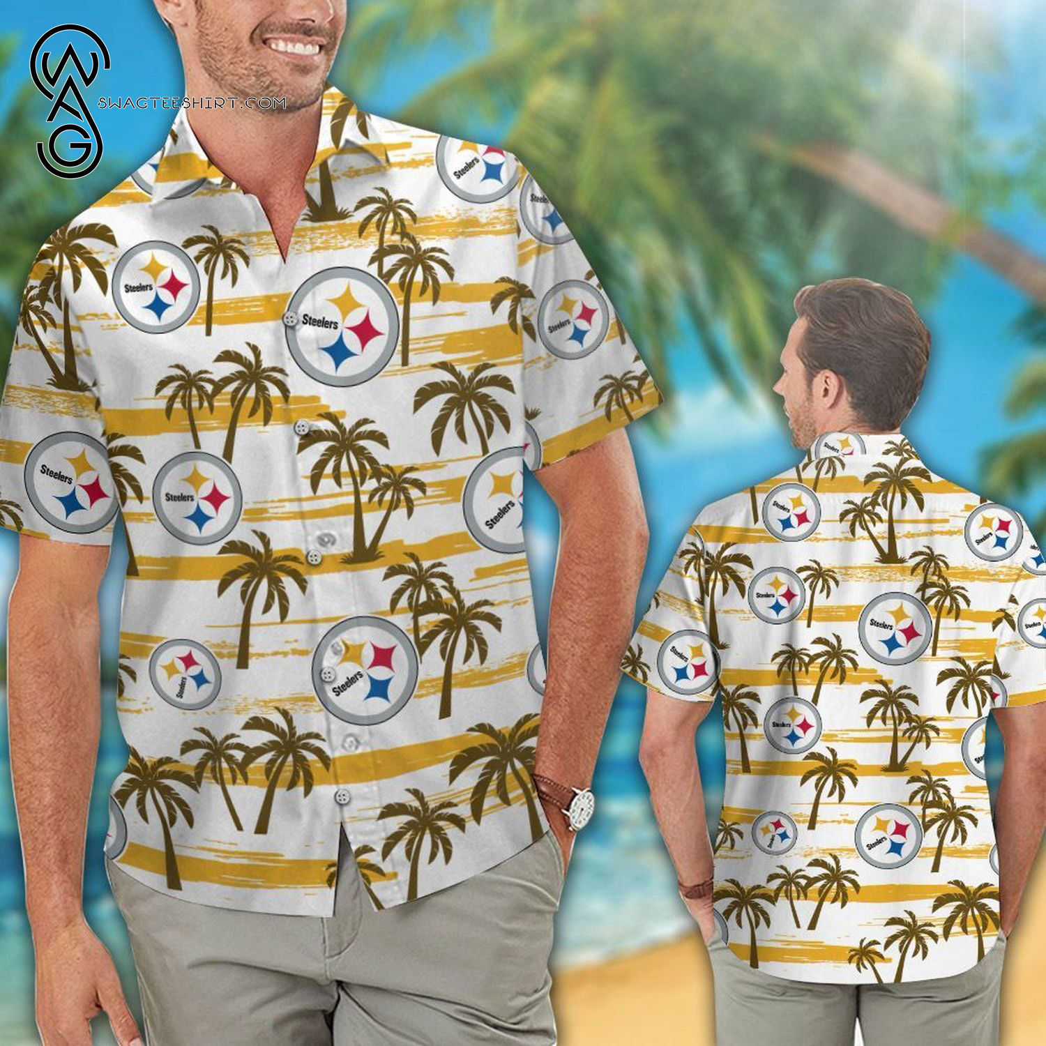 Pittsburgh Steelers Palm Tree All Over Print Hawaiian Shirt And Beach Shorts