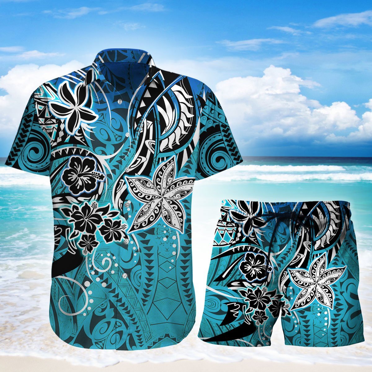 Polynesian Turtle Hibiscus Hawaiian Shirt Set For Men Women