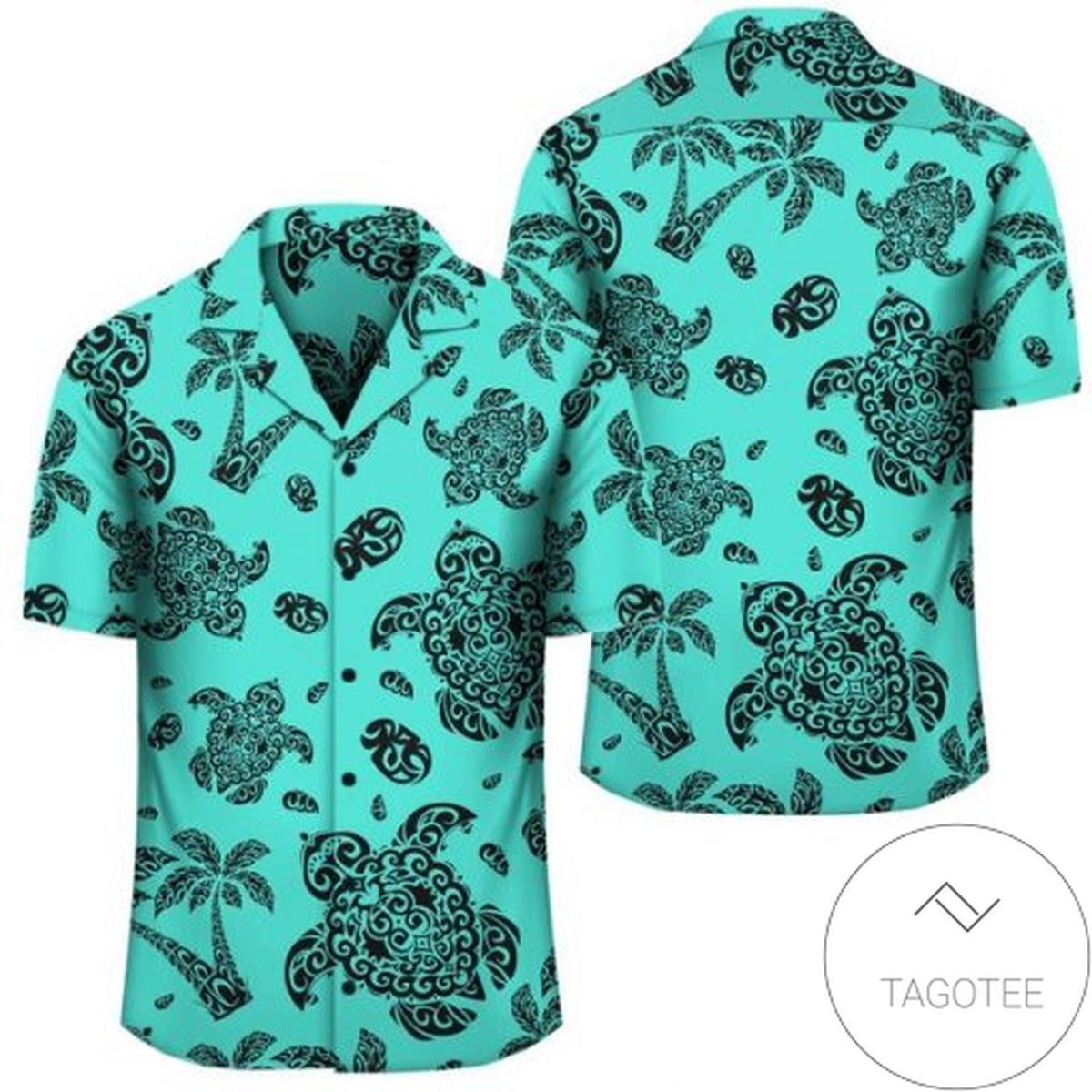 Polynesian Turtle Palm And Sea Pebbles Turquoise Hawaiian Shirt