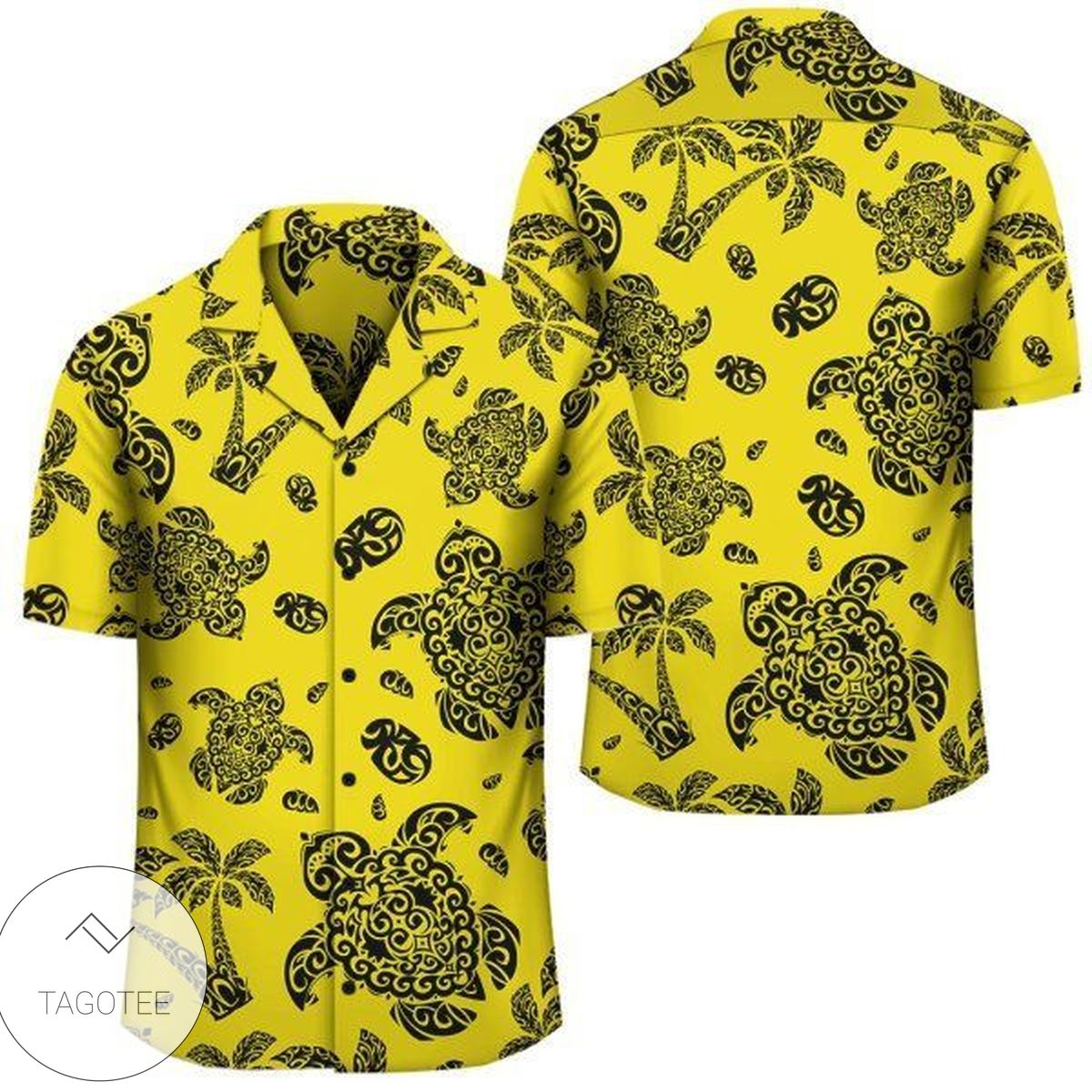 Polynesian Turtle Palm And Sea Pebbles Yellow Hawaiian Shirt Summer Button Up Shirt For Men Hawaiian Summer Trends Shirt 2020