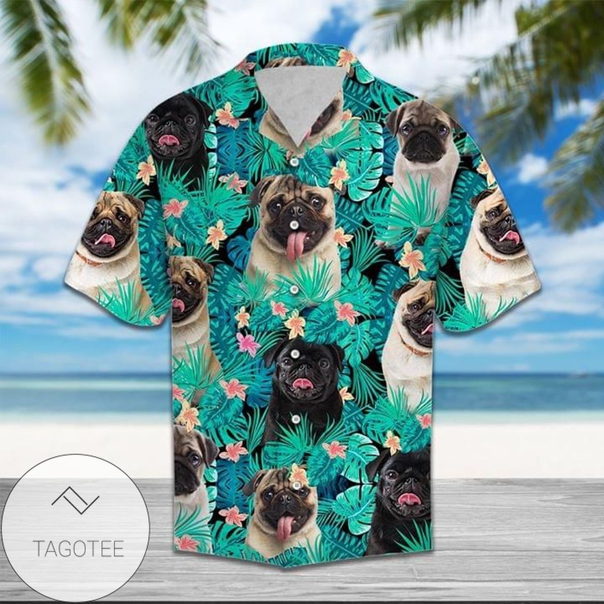 Pug Dog Merry Christmas Print Short Sleeve Hawaiian Casual Shirt