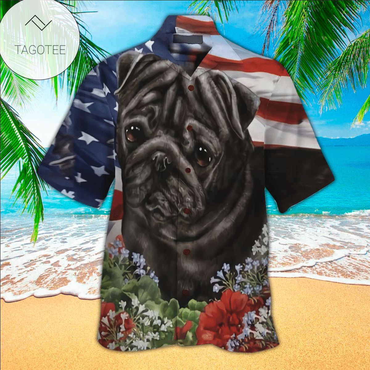 Pug Dogs Hawaiian Graphic Print Short Sleeve Hawaiian Casual Shirt