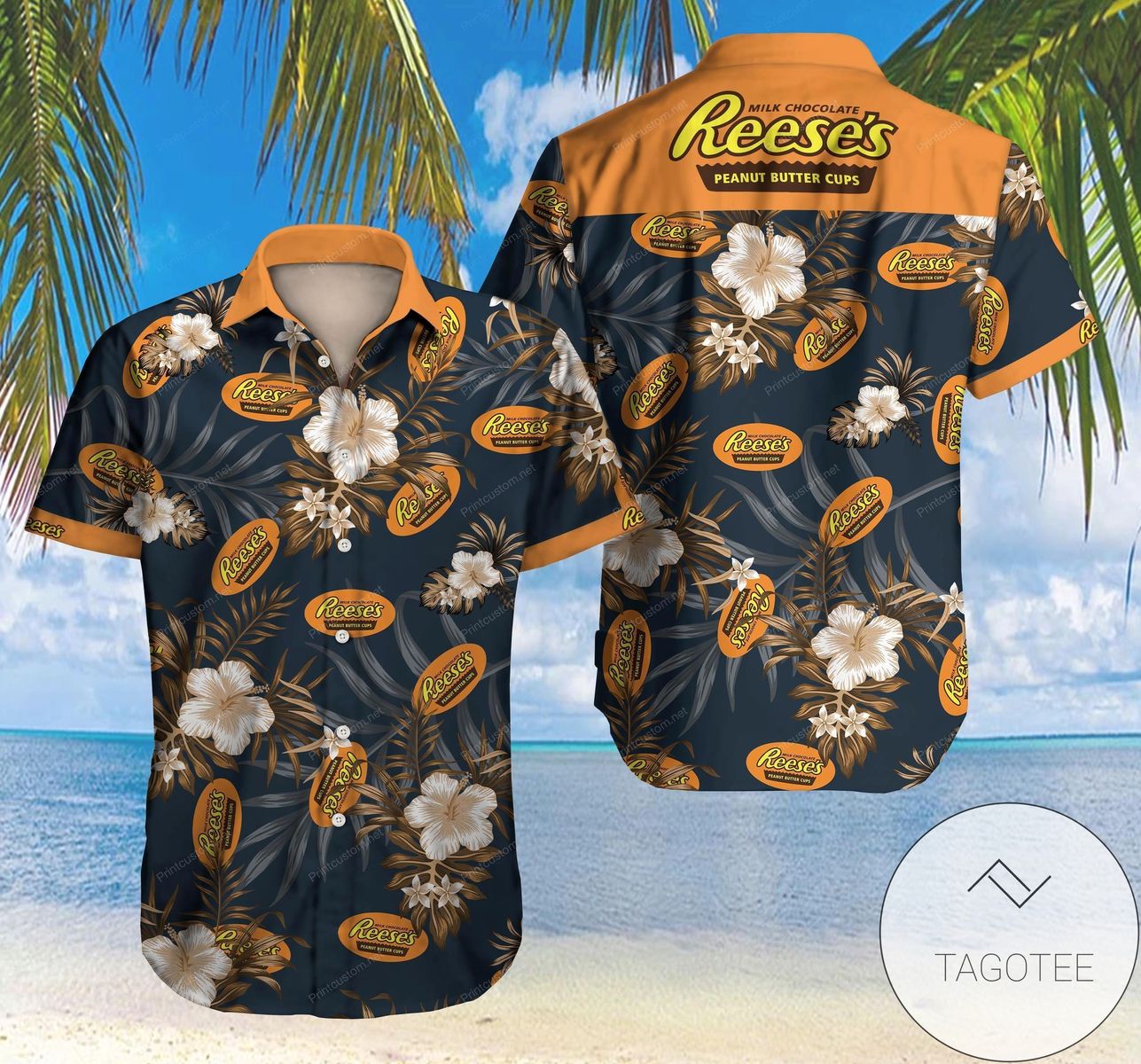 Reeses Peanut Butter Cups Hawaiian Graphic Print Short Sleeve Hawaiian Casual Shirt