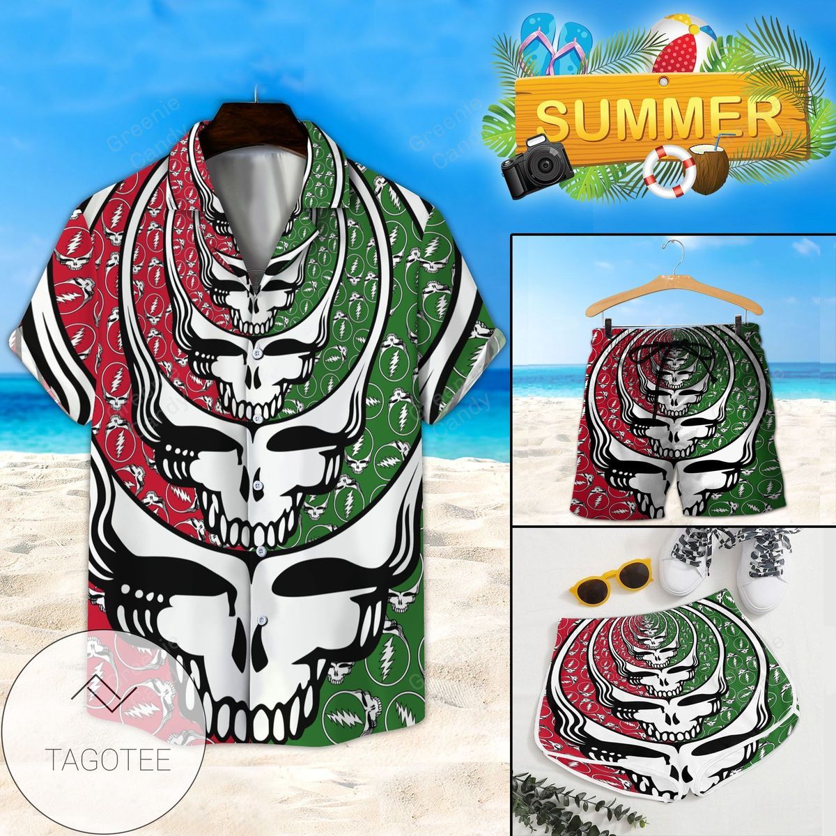 Repeated Grateful Dead Skull All Over Print 3D Unisex Hawaiian Shirt And Beach Short