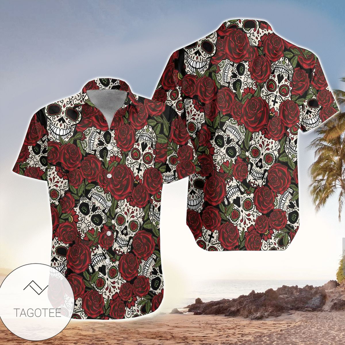 Roses Skull Romance Couple For Men And Women Graphic Print Short Sleeve Hawaiian Casual Shirt