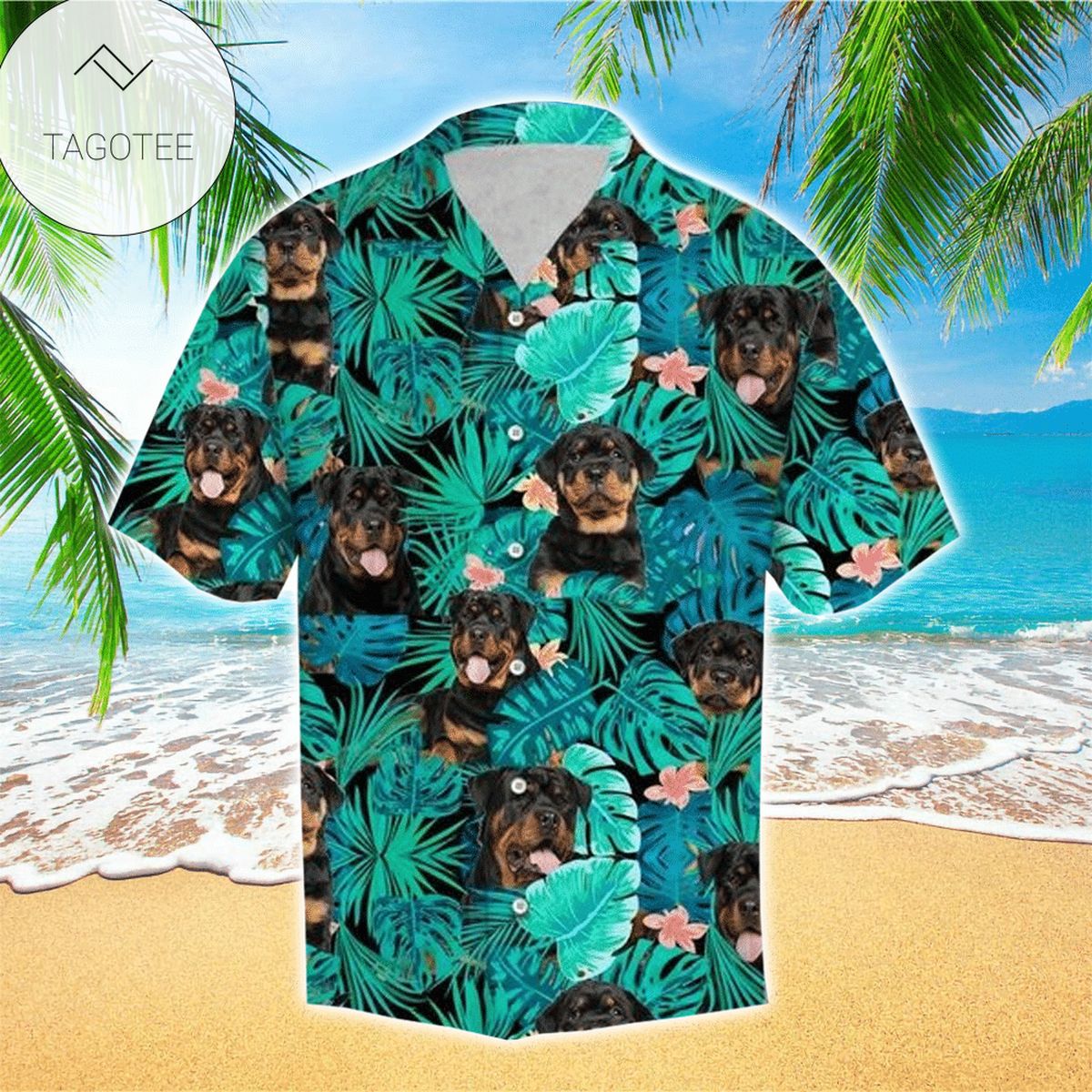 Rottweiler Tropical Print Short Sleeve Hawaiian Casual Shirt