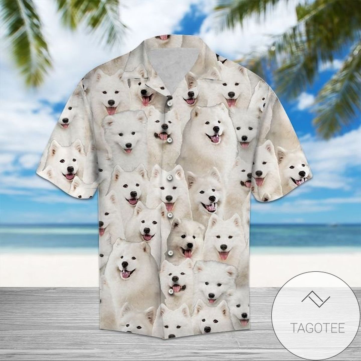 Samoyed Dog Lovers Tropical Leaves Hawaiian Graphic Print Short Sleeve Hawaiian Shirt