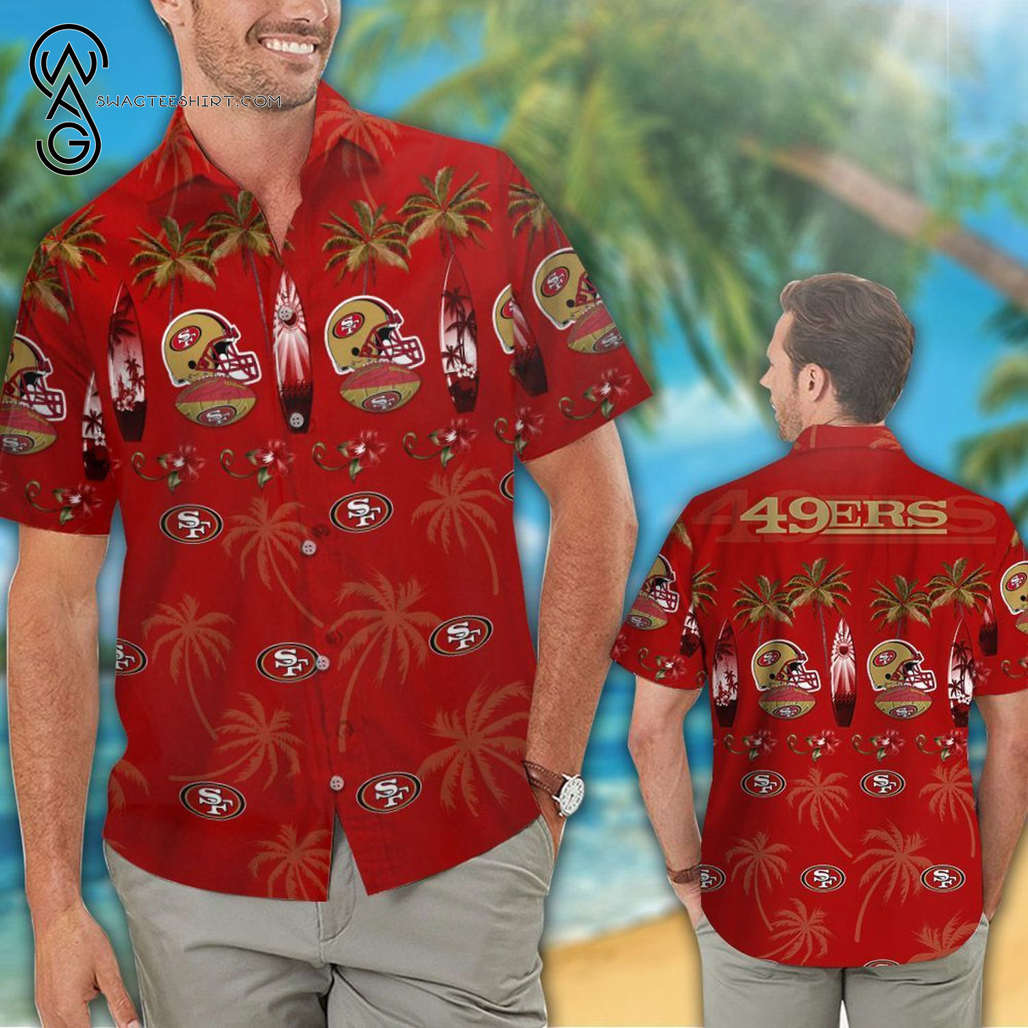 San Francisco 49ers Palm Leaves And Stripes Summer Aloha Hawaiian Shirt