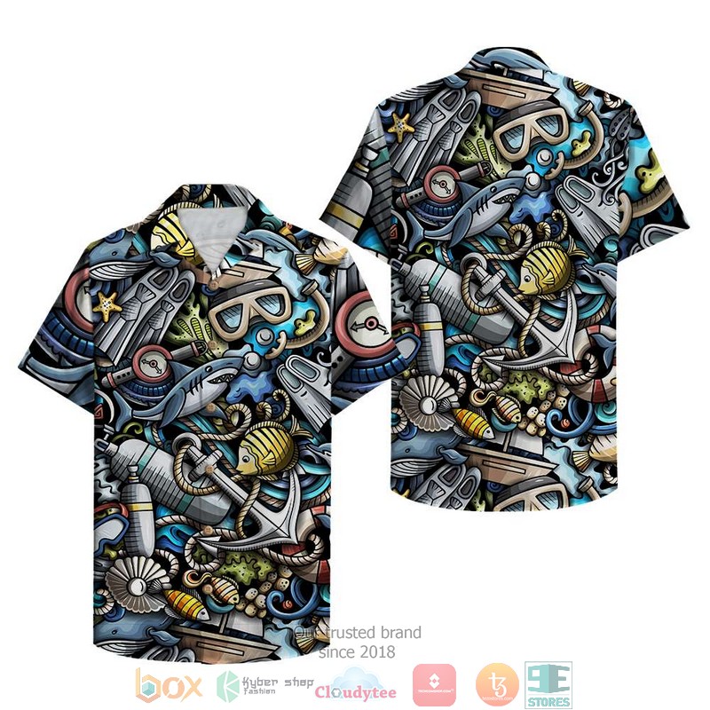 Scuba Diving Blue Flowers Hawaiian Shirt