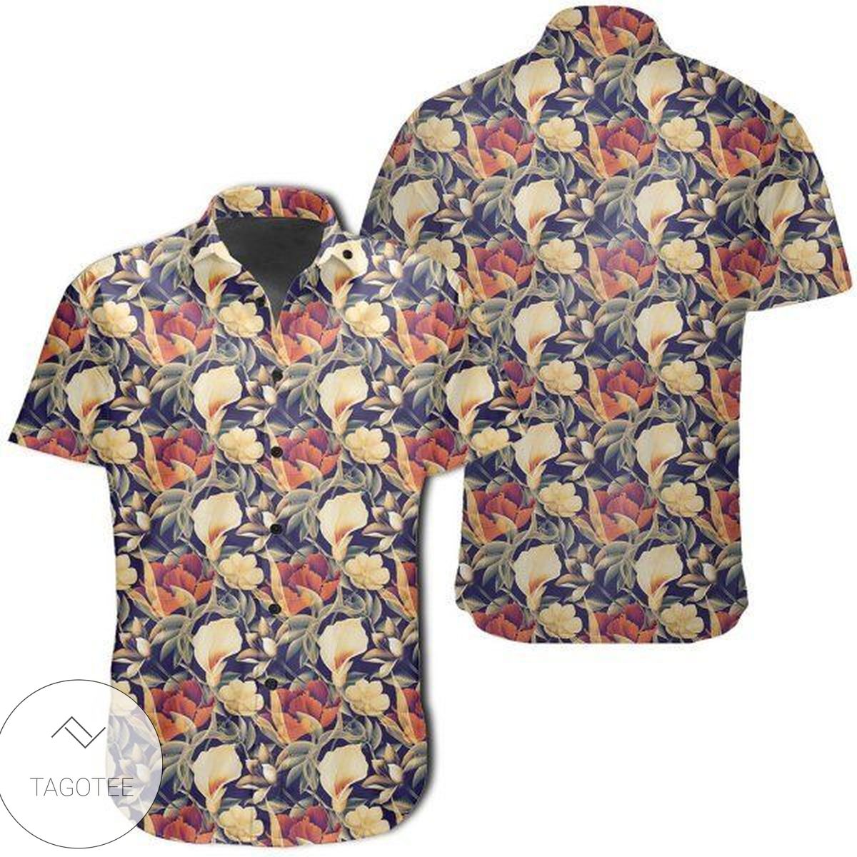 Seamless Tropical Flower Plant And Leaf Hawaiian Shirt