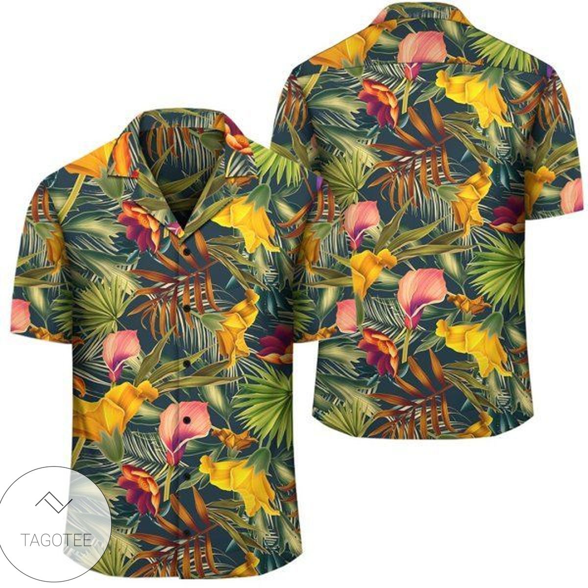 Seamless Tropical Flower Plant And Leaf Pattern Background Hawaiian Shirt