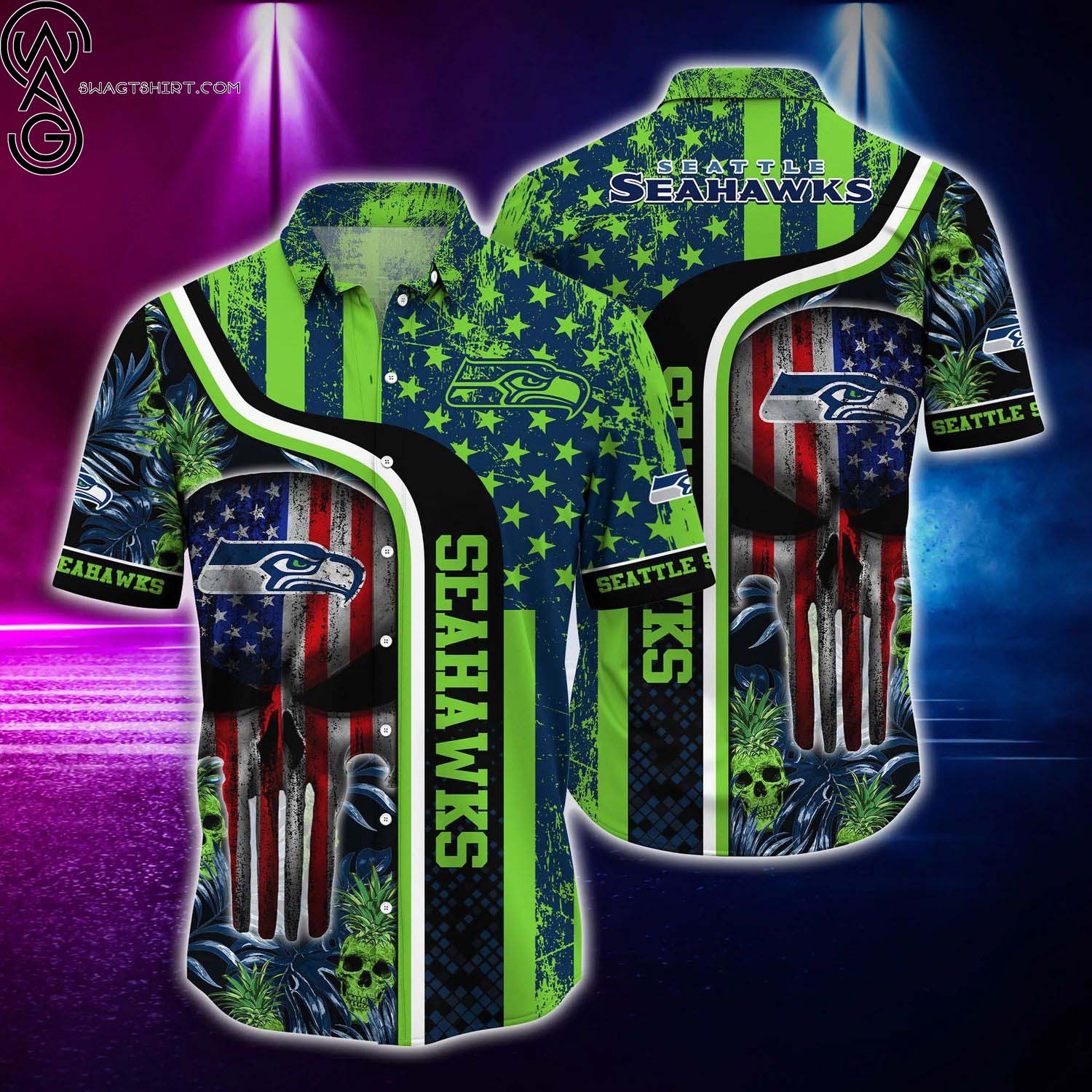 Seattle Seahawks Coconut Leaves And Skulls Summer Aloha Hawaiian Shirt