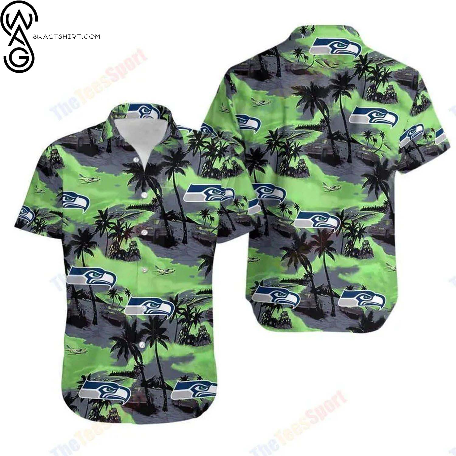 Seattle Seahawks Coconut Leaves And Skulls Summer Aloha Hawaiian Shirt