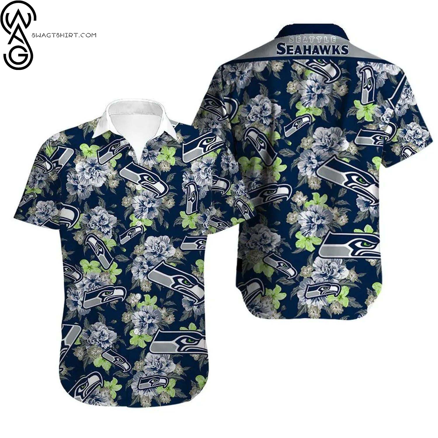 Seattle Seahawks College Navy Thematic Aloha Hawaiian Shirt