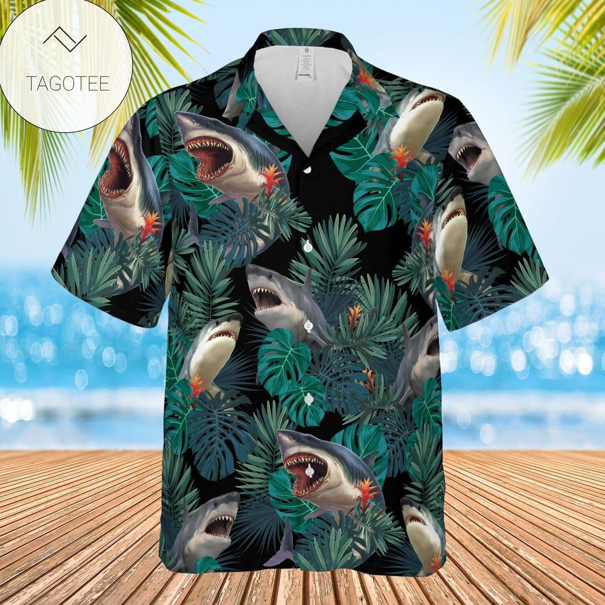 Shark Hang Ten Print Short Sleeve Hawaiian Casual Shirt