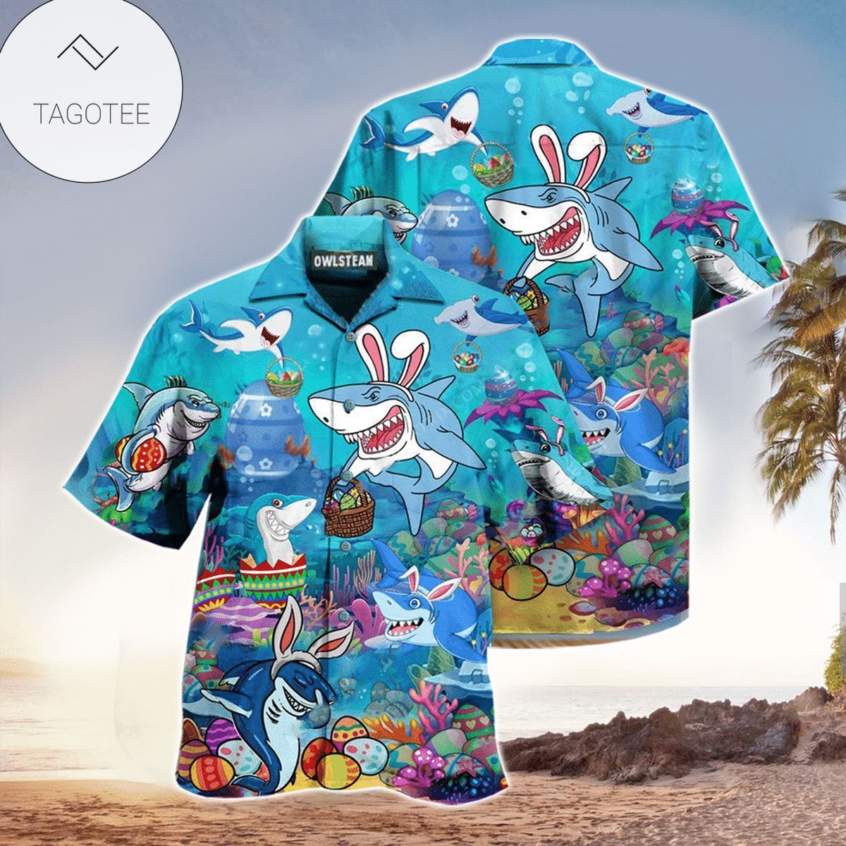 Shark Hang Ten Print Short Sleeve Hawaiian Casual Shirt