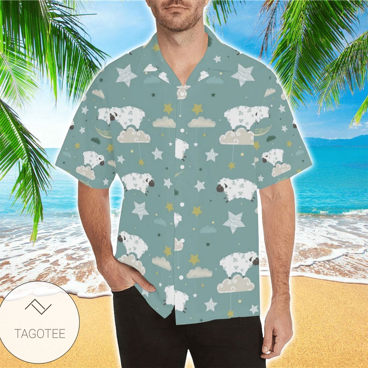 Sheep Playing Could Moon Pattern Mens Hawaiian Shirt