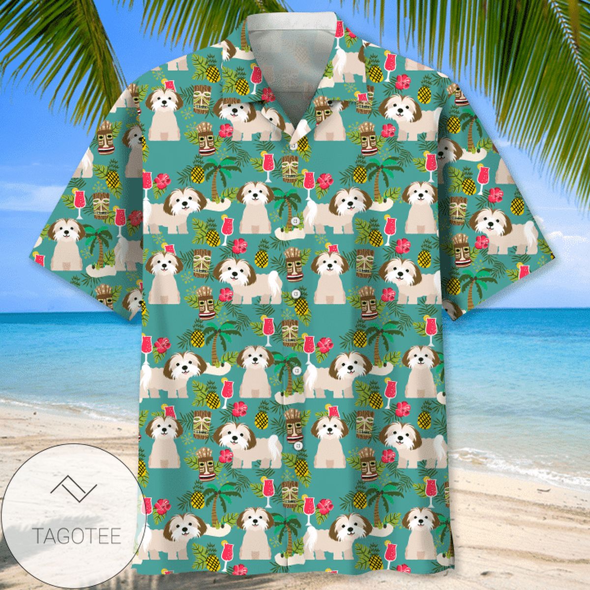 Shih Tzu Dogs Hawaiian Graphic Print Short Sleeve Hawaiian Casual Shirt