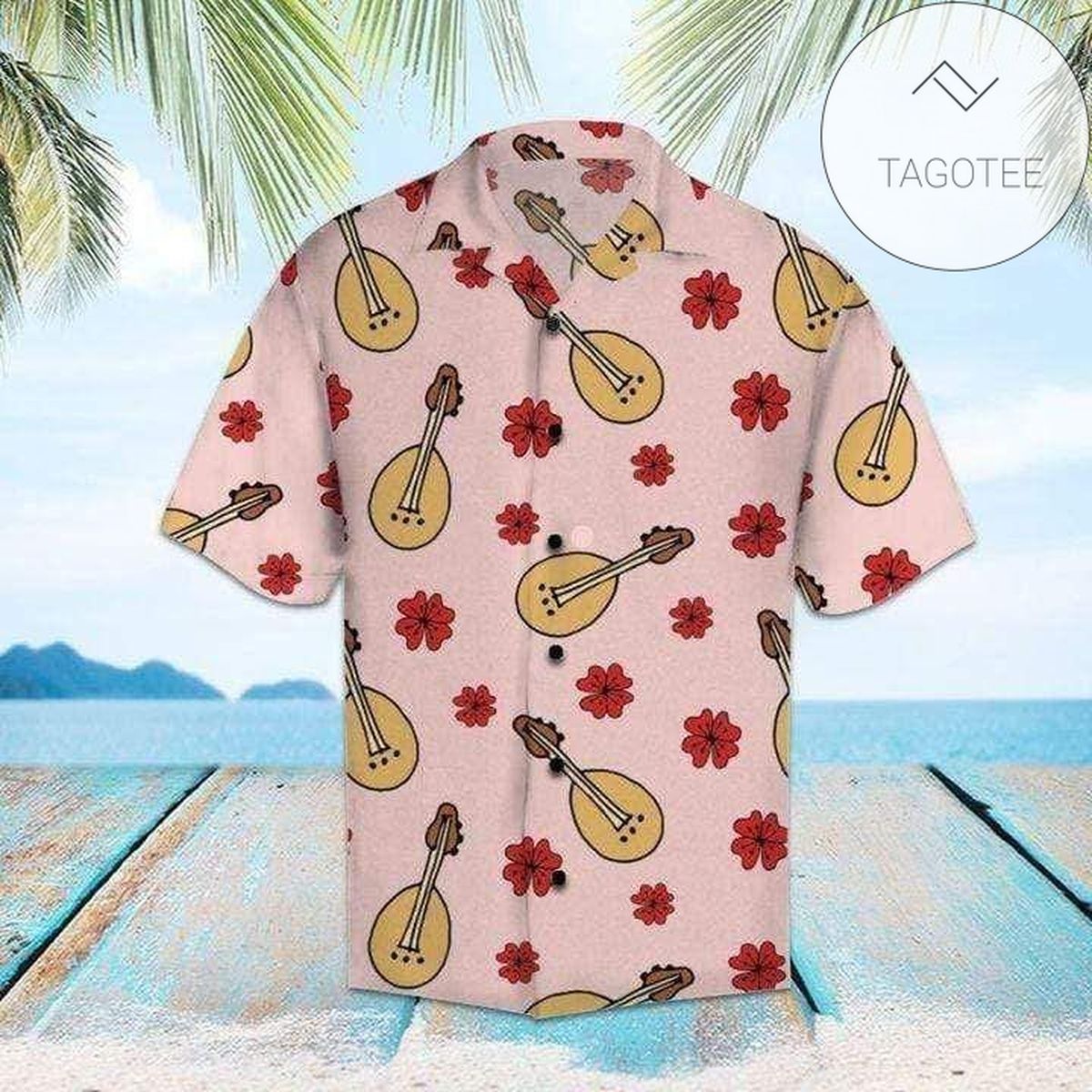 Simple Ukulele Floral Hawaiian Graphic Print Short Sleeve Hawaiian Casual Shirt