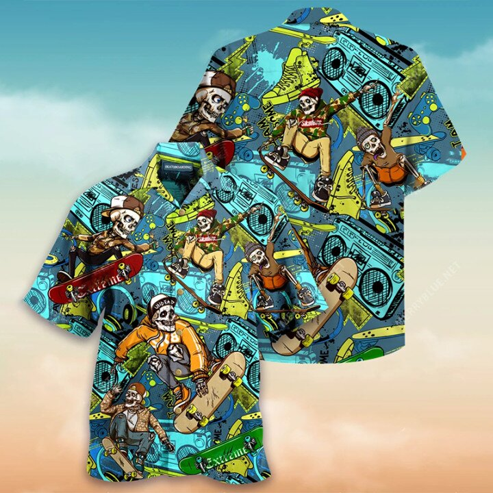 Skeleton Surfing On Tropical Island Hawaiian Shirt For Men Women