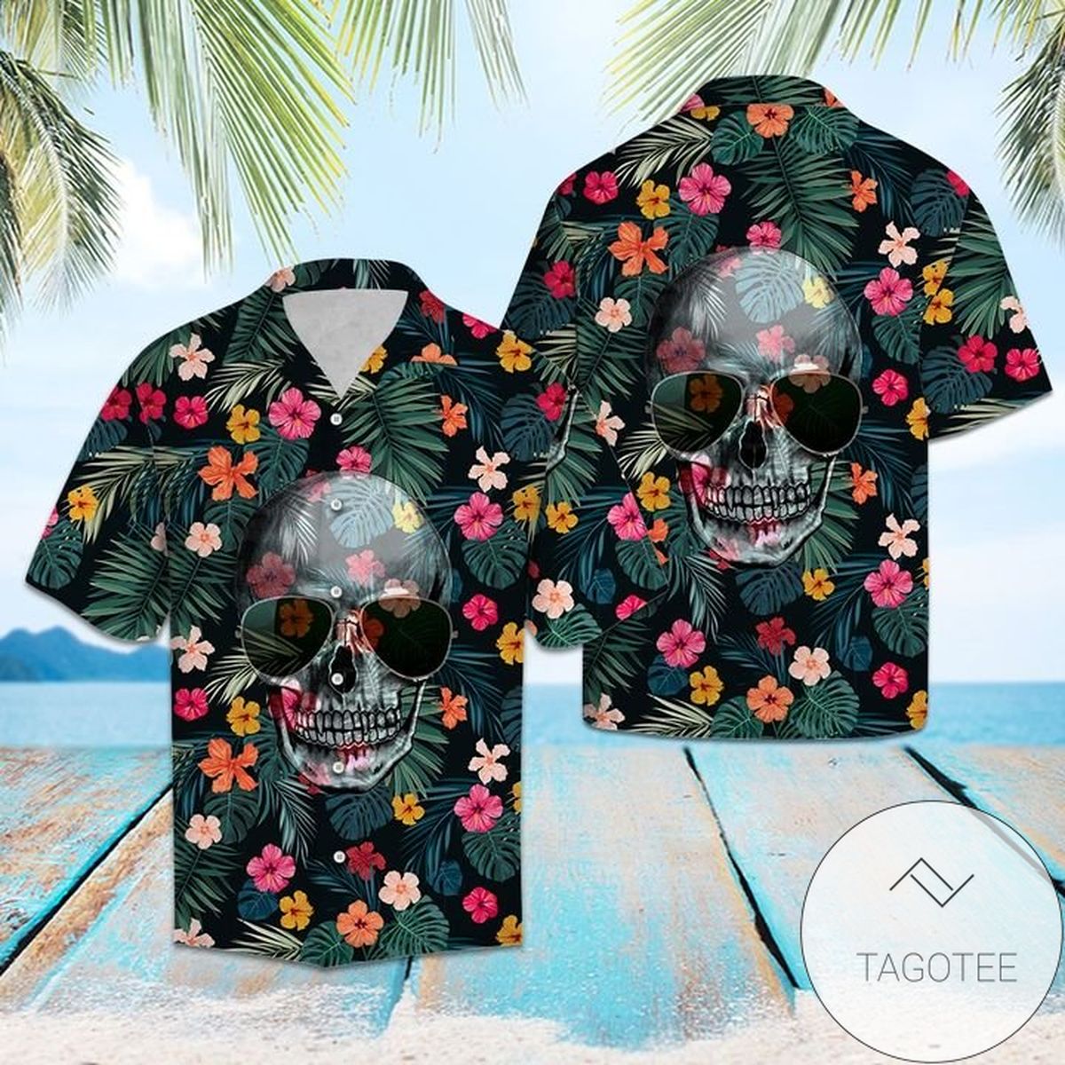 Skull Tropical Hawaiian IV Graphic Print Short Sleeve Hawaiian Casual Shirt