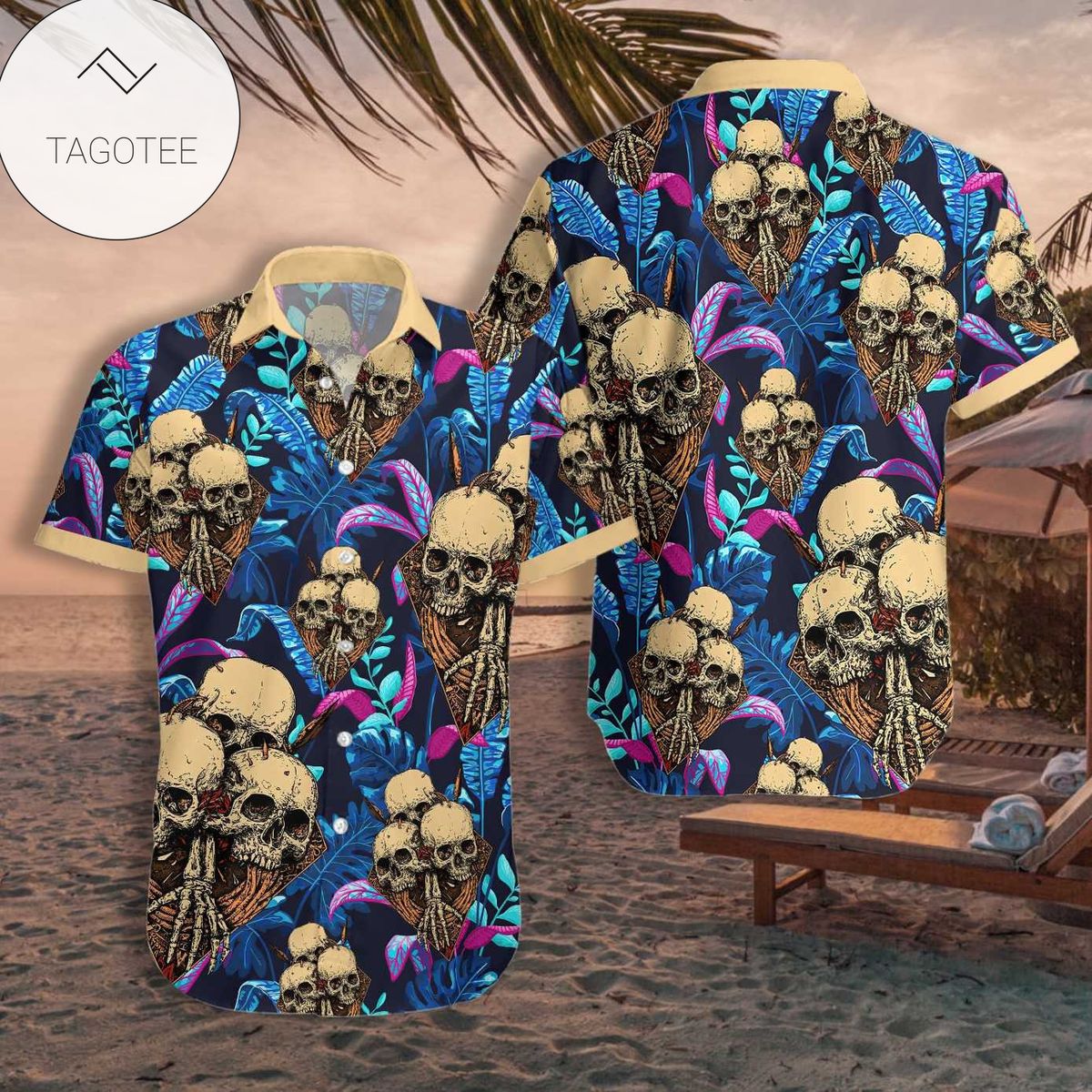 Skull Tropical Pattern Hawaiian Graphic Print Short Sleeve Hawaiian Casual Shirt