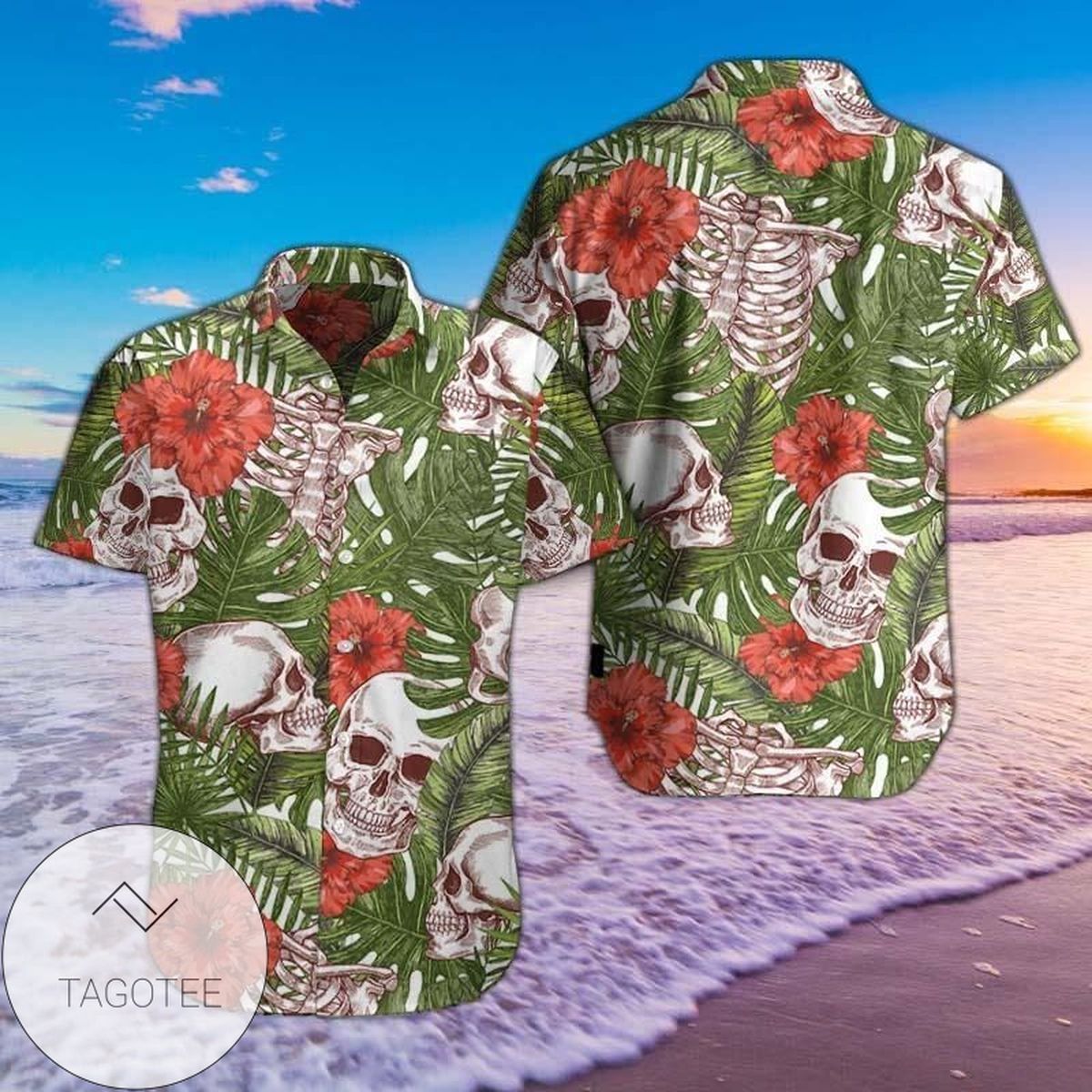 Skull Tropical Palm Leaves Background Hawaiian Shirt