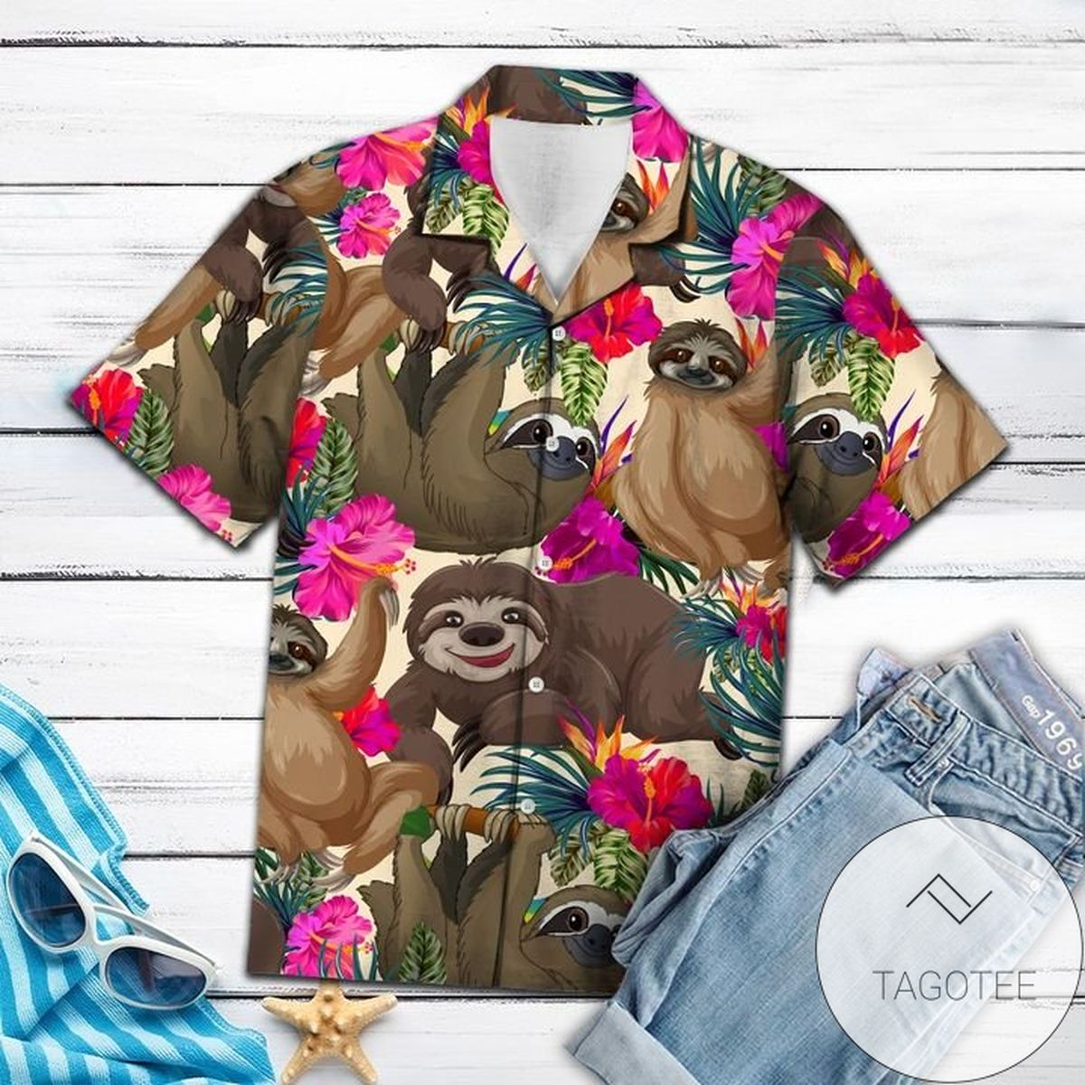 Sloth Hibiscus Flower 3d Hawaiian Shirt For Men With Vibrant Colors And Textures