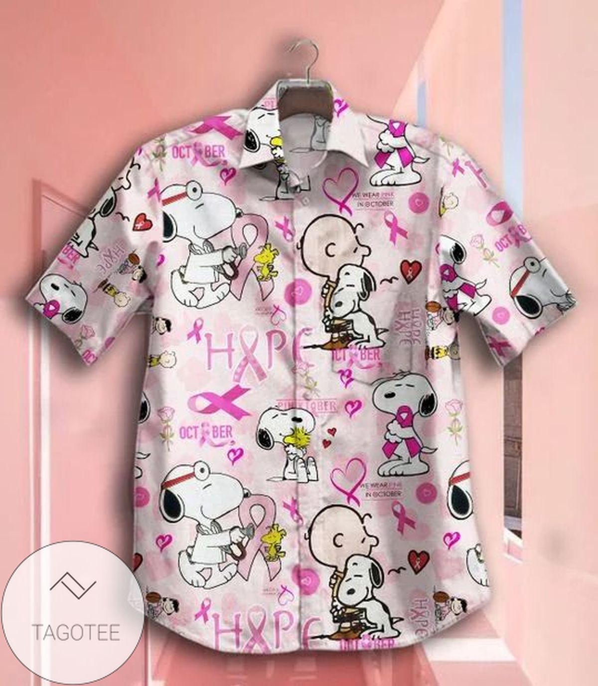 Snoopy Breast Cancer Awareness II Graphic Print Short Sleeve Hawaiian Casual Shirt