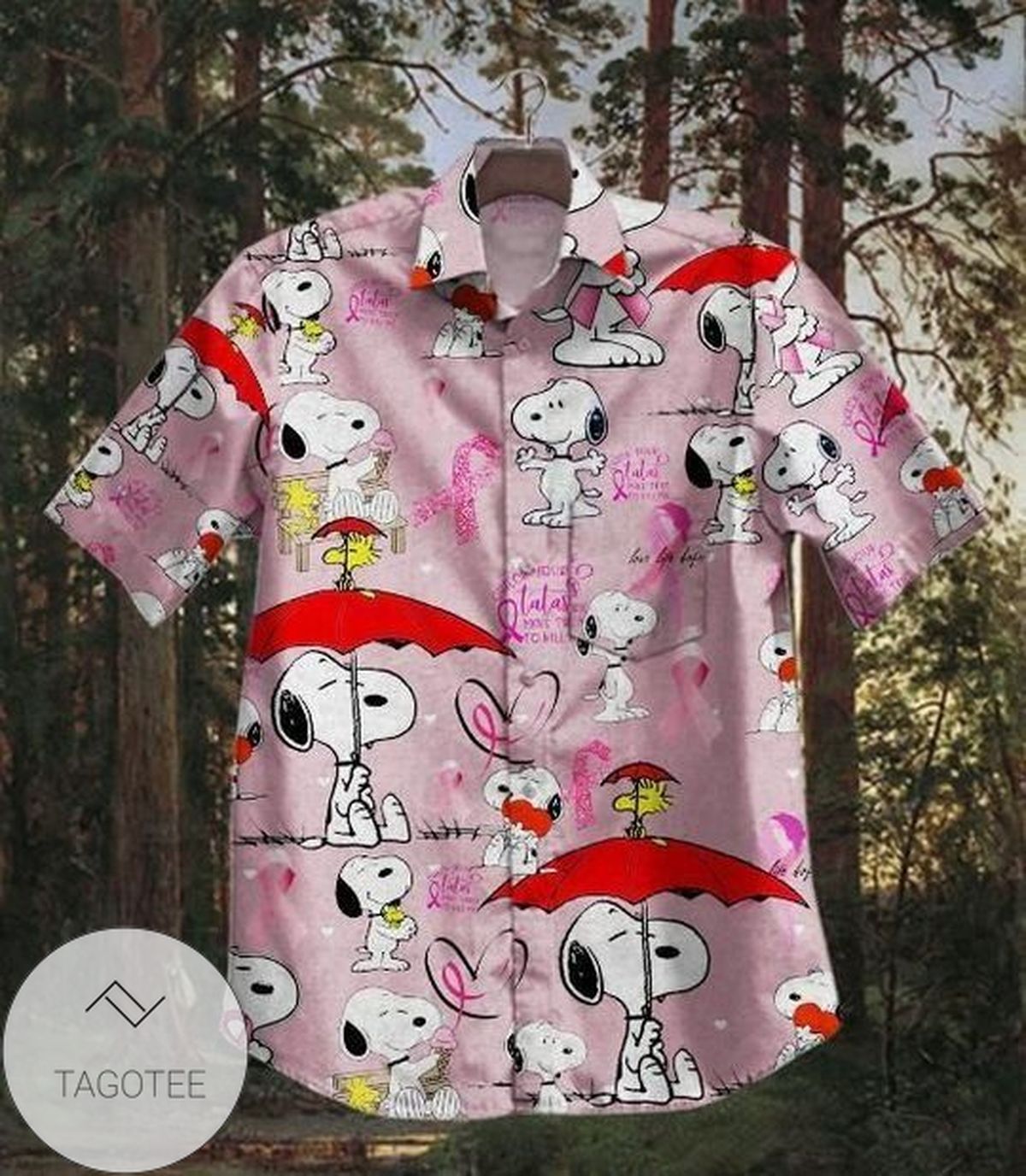 Snoopy Breast Cancer Awareness III Graphic Print Short Sleeve Hawaiian Casual Shirt