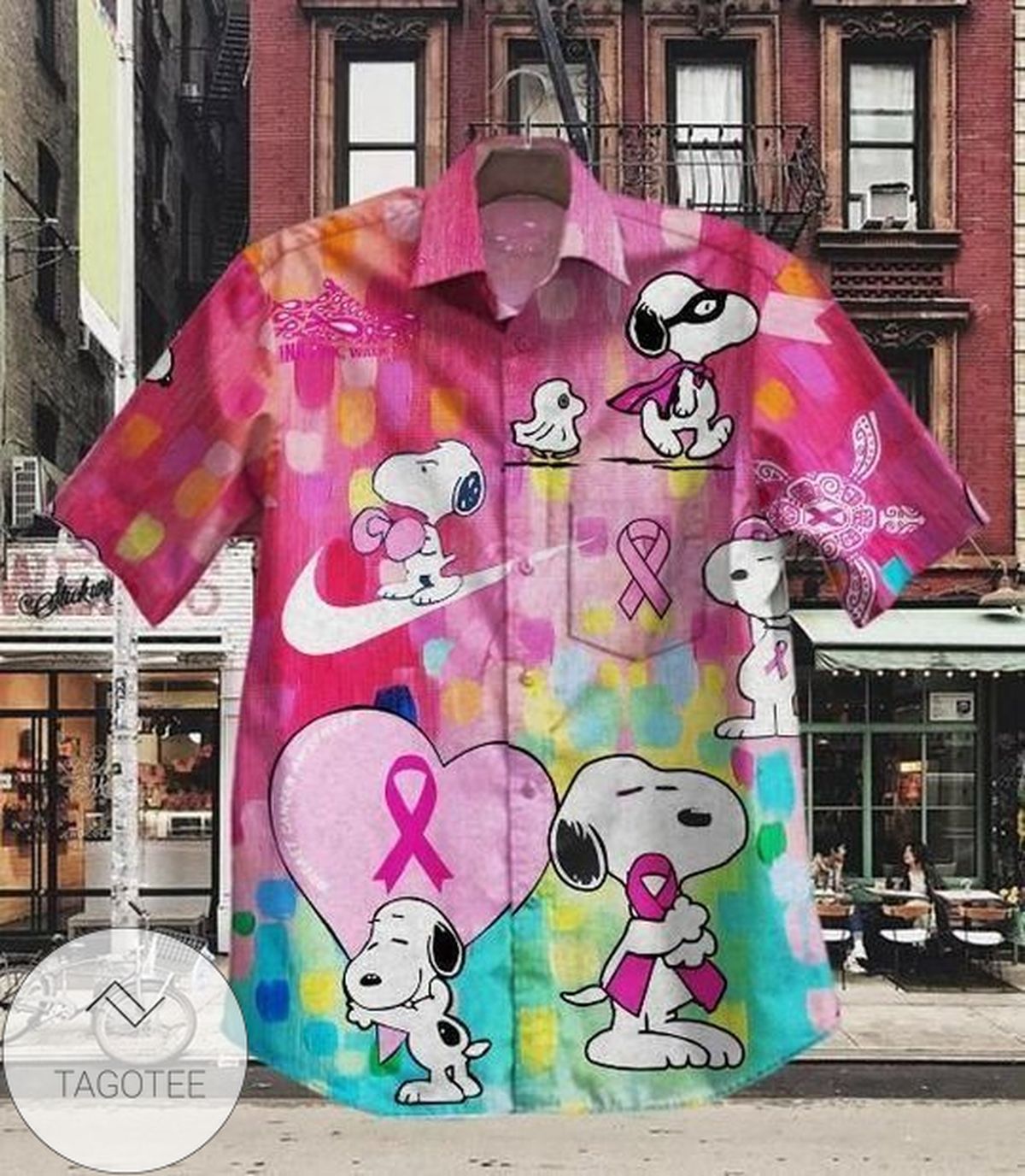 Snoopy Breast Cancer Awareness II Graphic Print Short Sleeve Hawaiian Casual Shirt