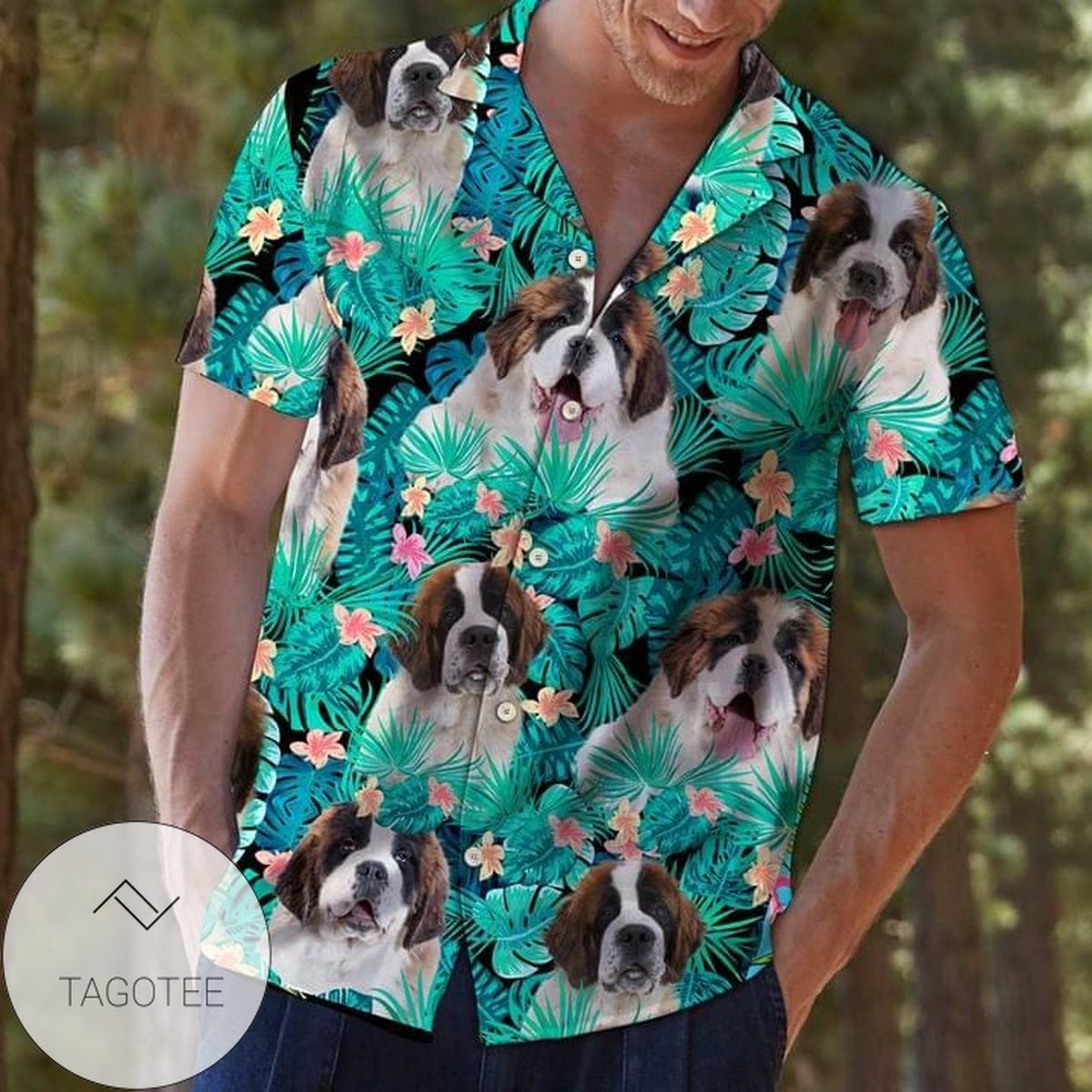 St Bernard Dog Hawaiian Graphic Print Short Sleeve Hawaiian Casual Shirt