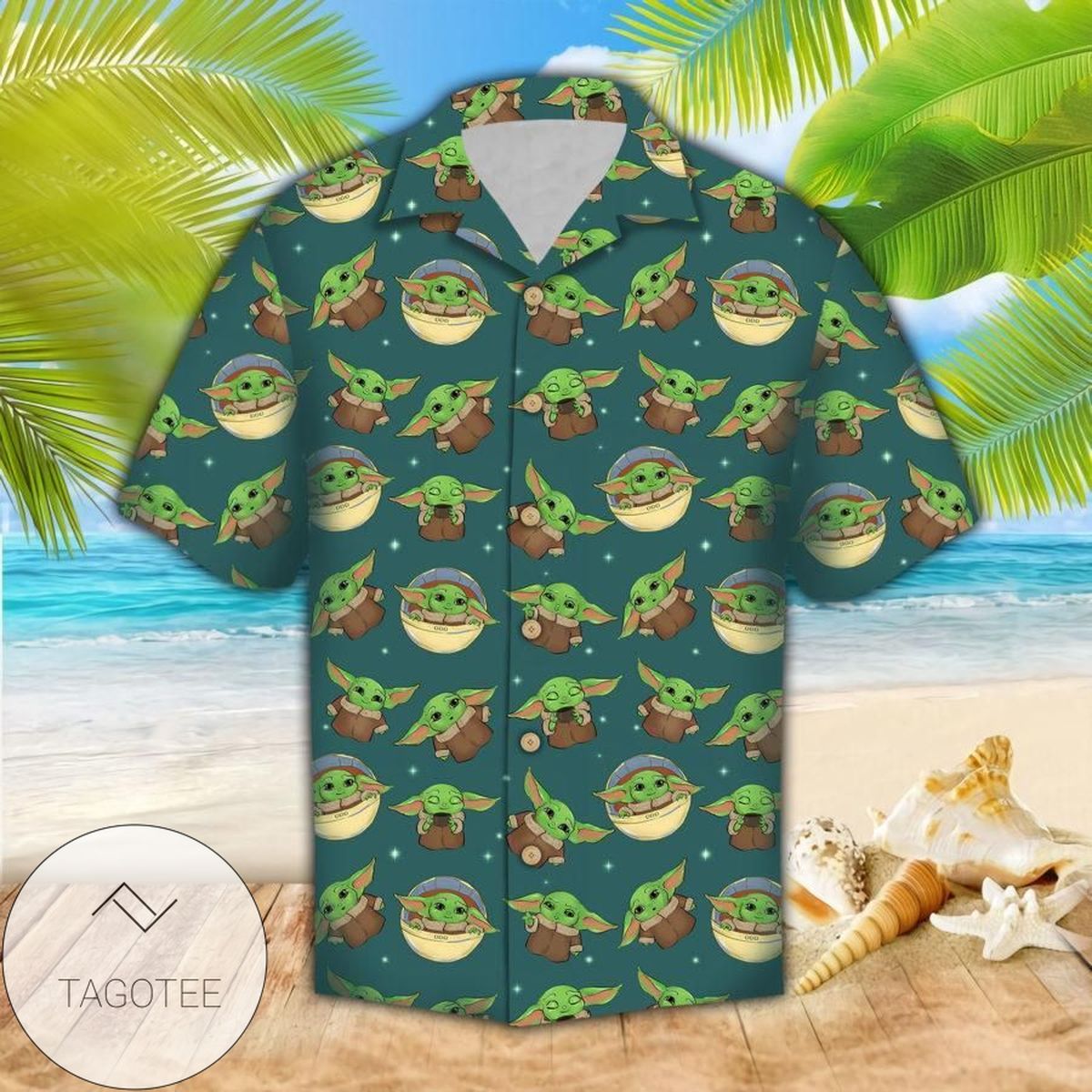 Star wars baby yoda in the beach it’s 5 o’clock somewhere Print Short Sleeve Hawaiian Casual Shirt