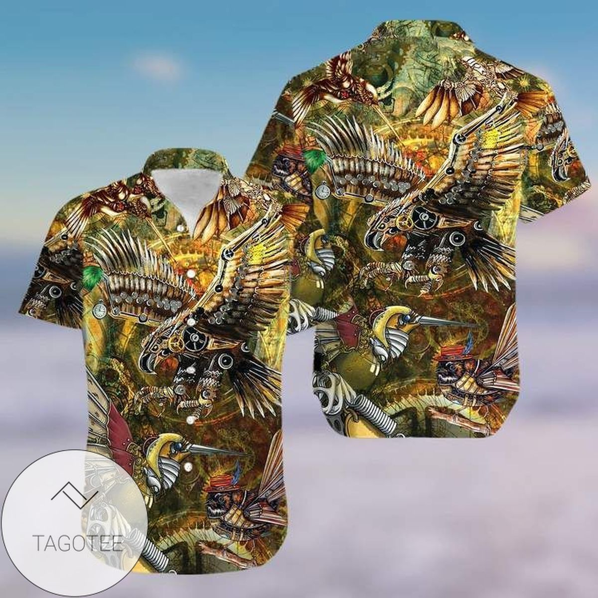 Steampunk Cat Print Short Sleeve Hawaiian Casual Shirt