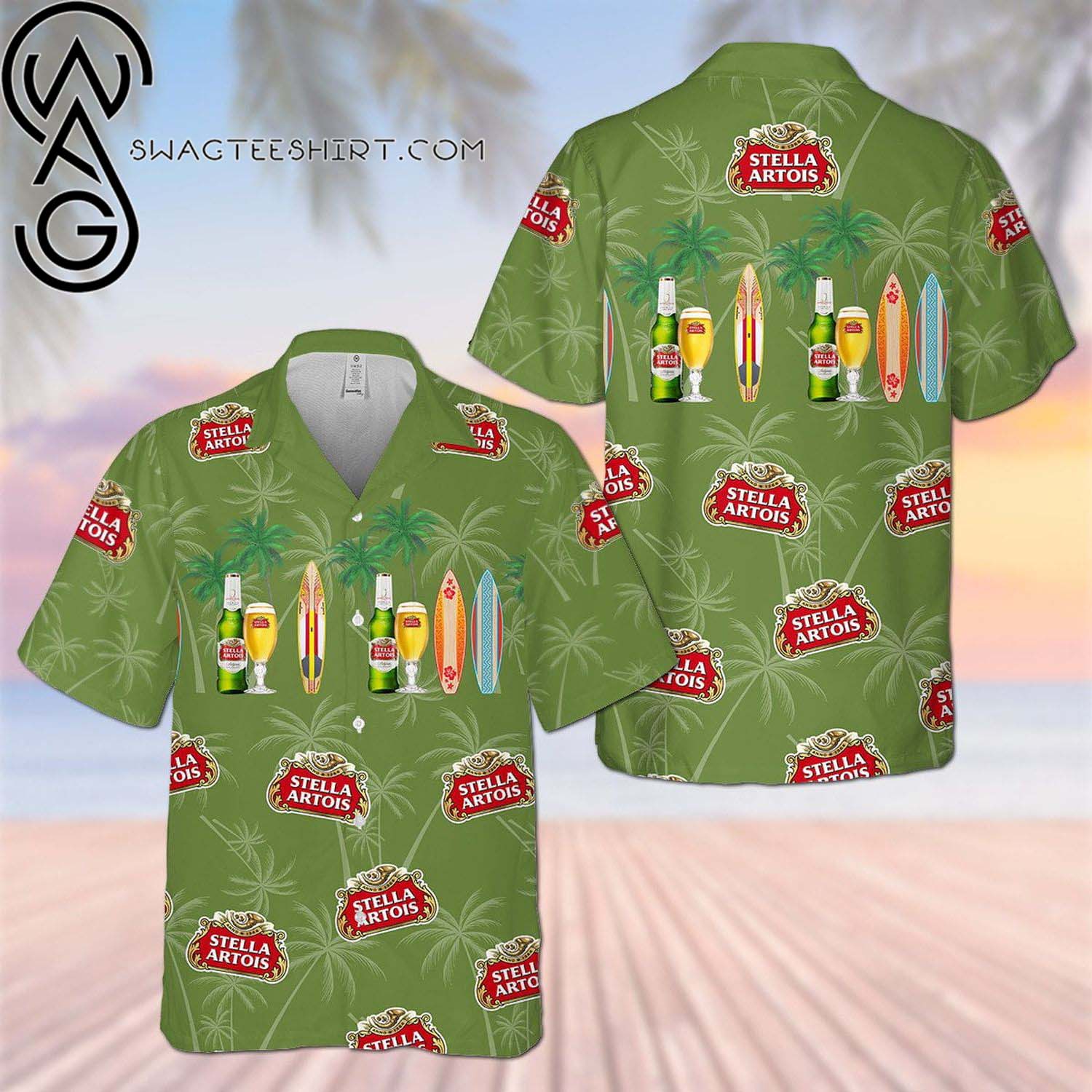 Stella Artois Palm Tree All Over Print Summer Vacation Hawaiian Shirt