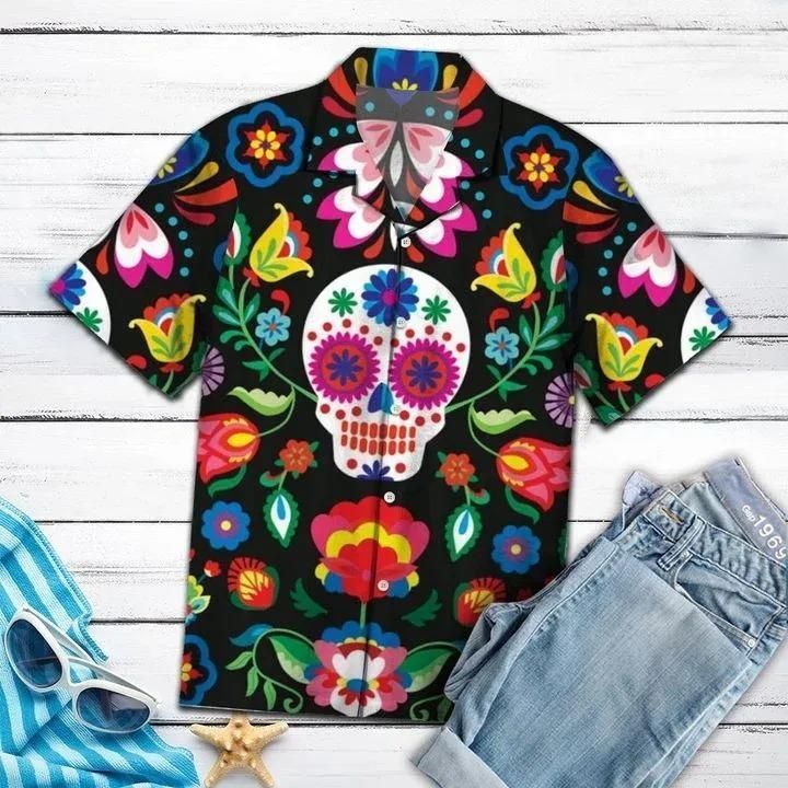 Sugar Skulls Rose Flowers Trumpets Hawaiian Shirt Gifts With Skulls On Them For Men Women