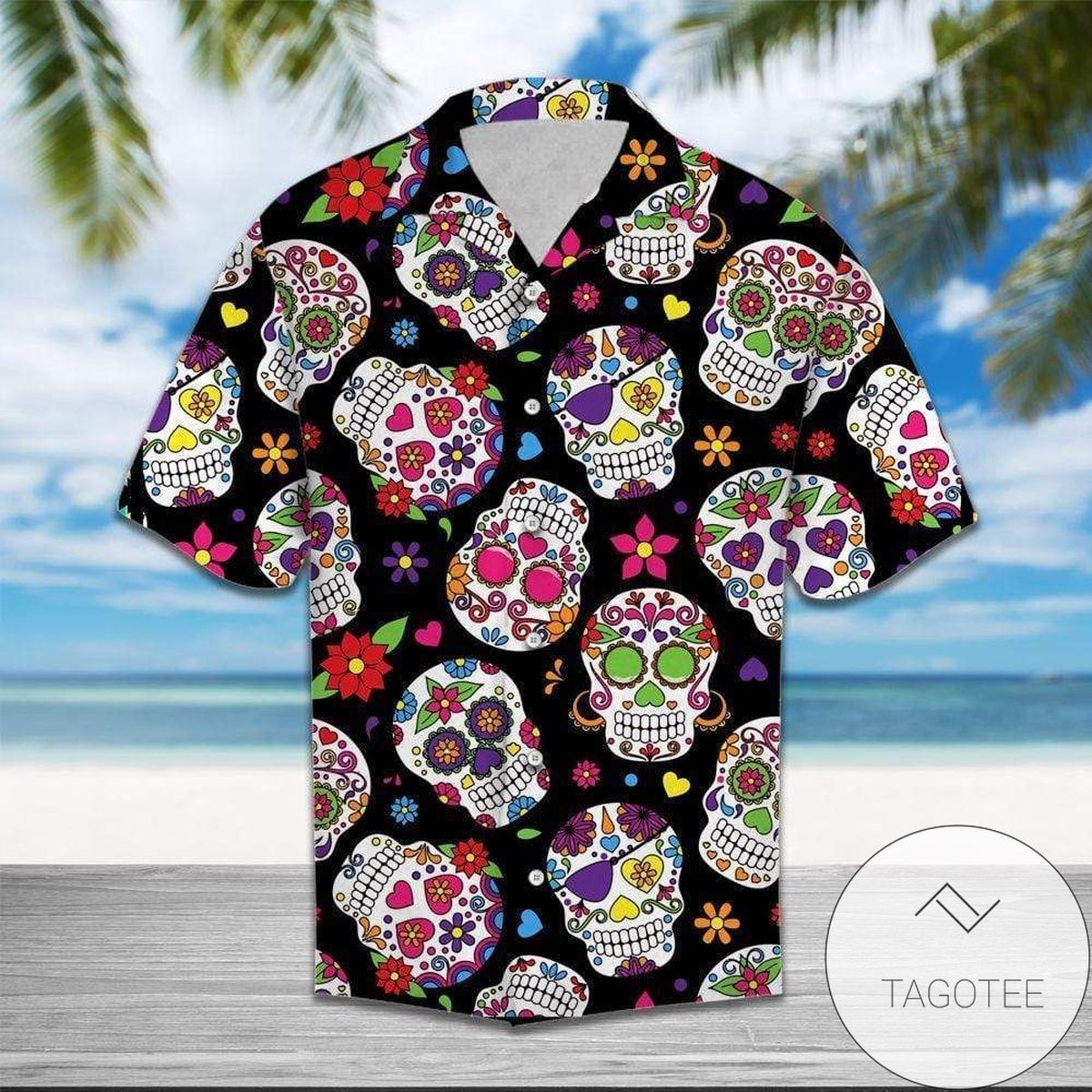 Sugar Skull With Rose Hawaiian Graphic Print Short Sleeve Hawaiian Casual Shirt