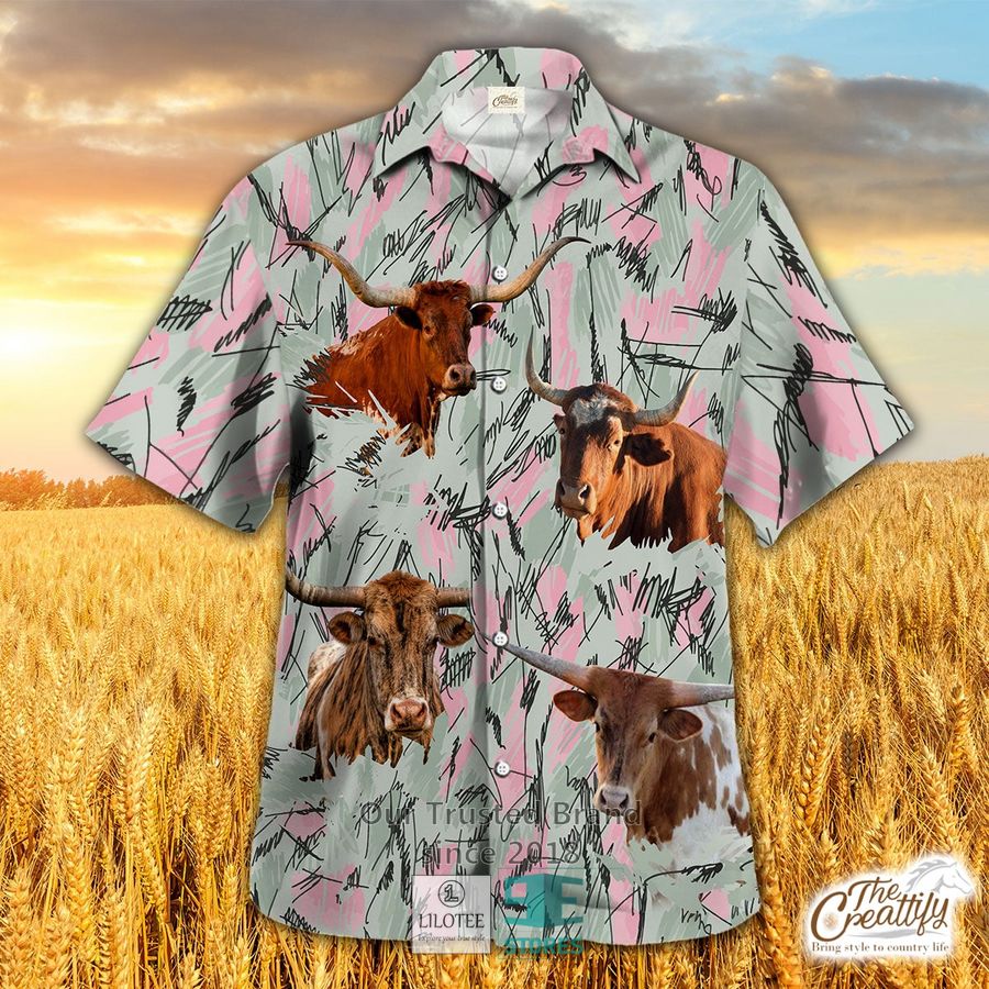 Texas Longhorn In Native American Pattern Hawaiian Shirt