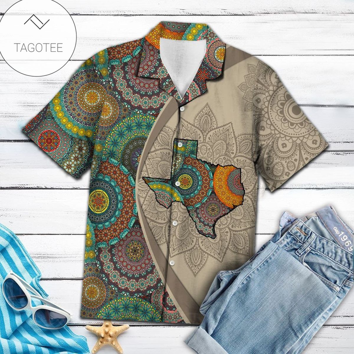 Texas Mandala All Over Print Summer Short Sleeve Hawaiian Beach Shirt