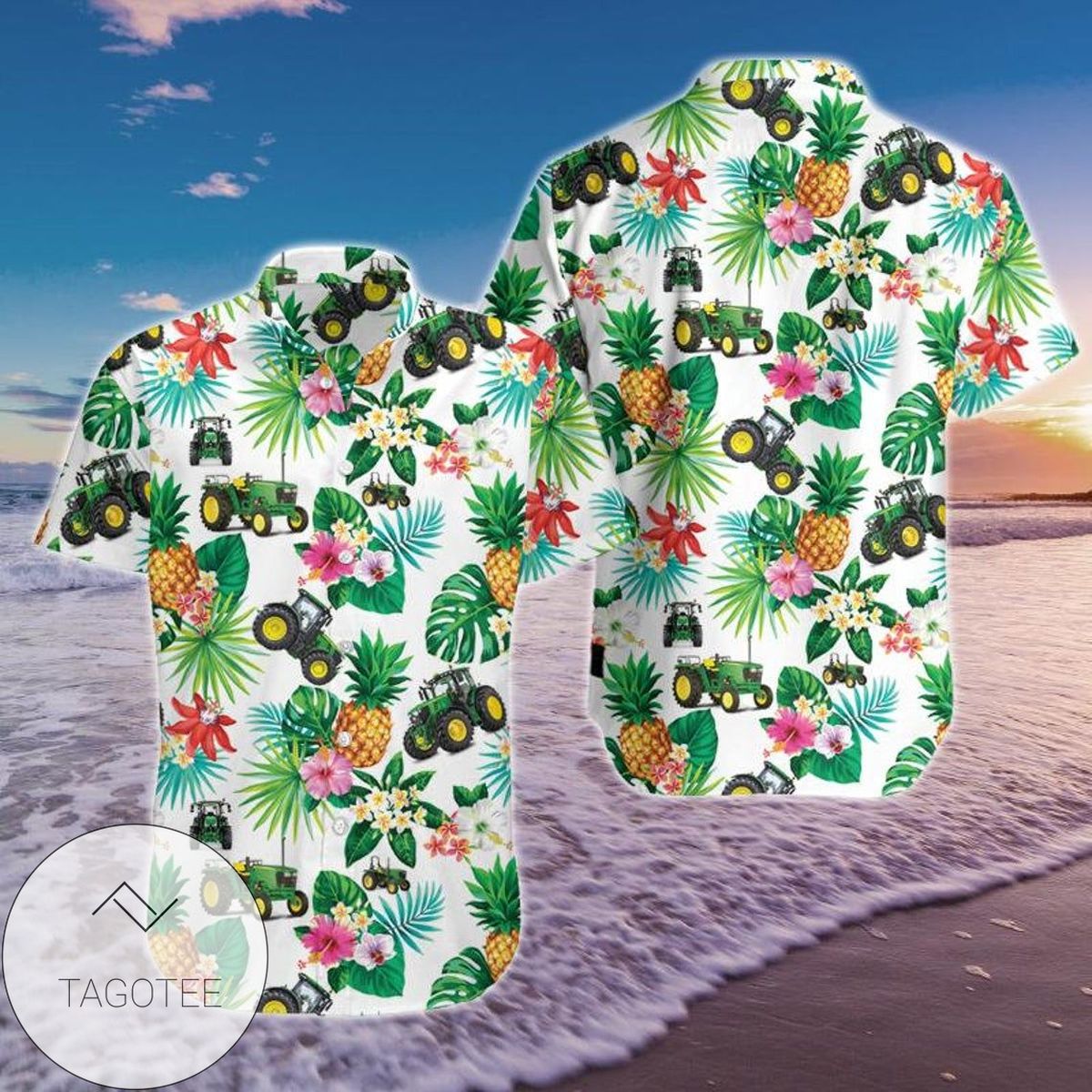 Tractor Farm Print Short Sleeve Hawaiian Casual Shirt