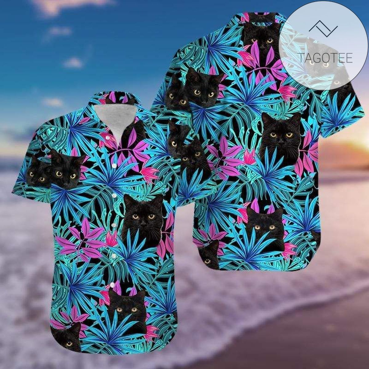 Tropical Black Cat 3D Print Polyester Hawaiian Aloha Shirts